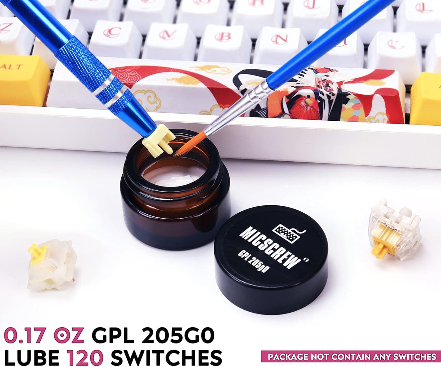 Communicates the precise quantity of lubricant (0.17 oz GPL 205G0) and how many switches it can service (120 switches), helping shoppers understand the product's capacity and value. Shows all the…