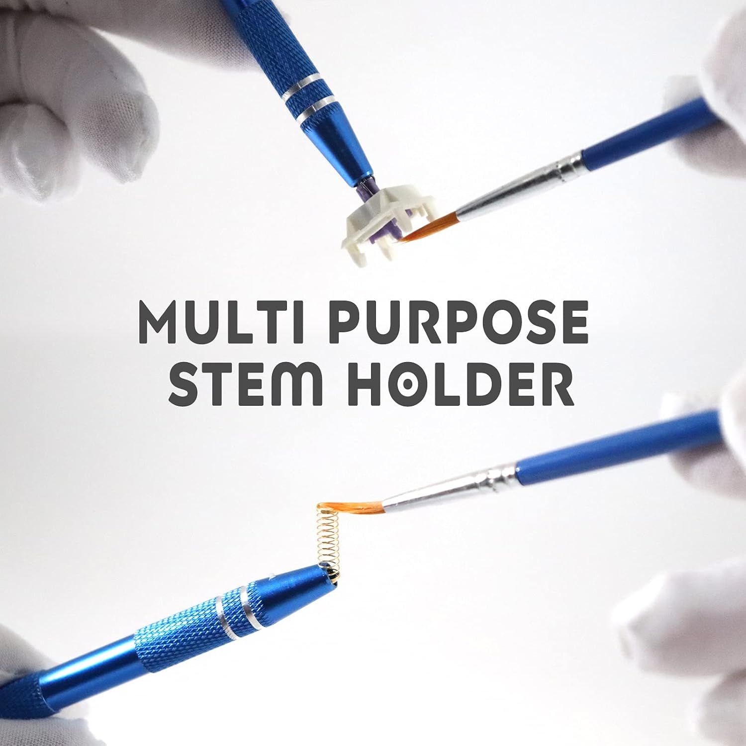 Demonstrates the product's versatility by showing multiple ways the stem holder can be used with different tools or attachments, reassuring shoppers of its multi-functional capability.