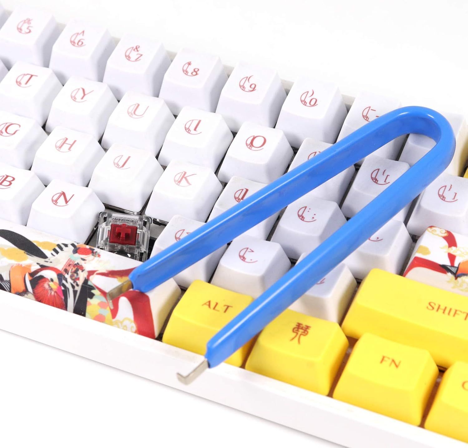 Provides a clean, catalog-style view of the mechanical keyboard with custom keycaps and included keycap puller tool, allowing shoppers to see the product details clearly without distractions.