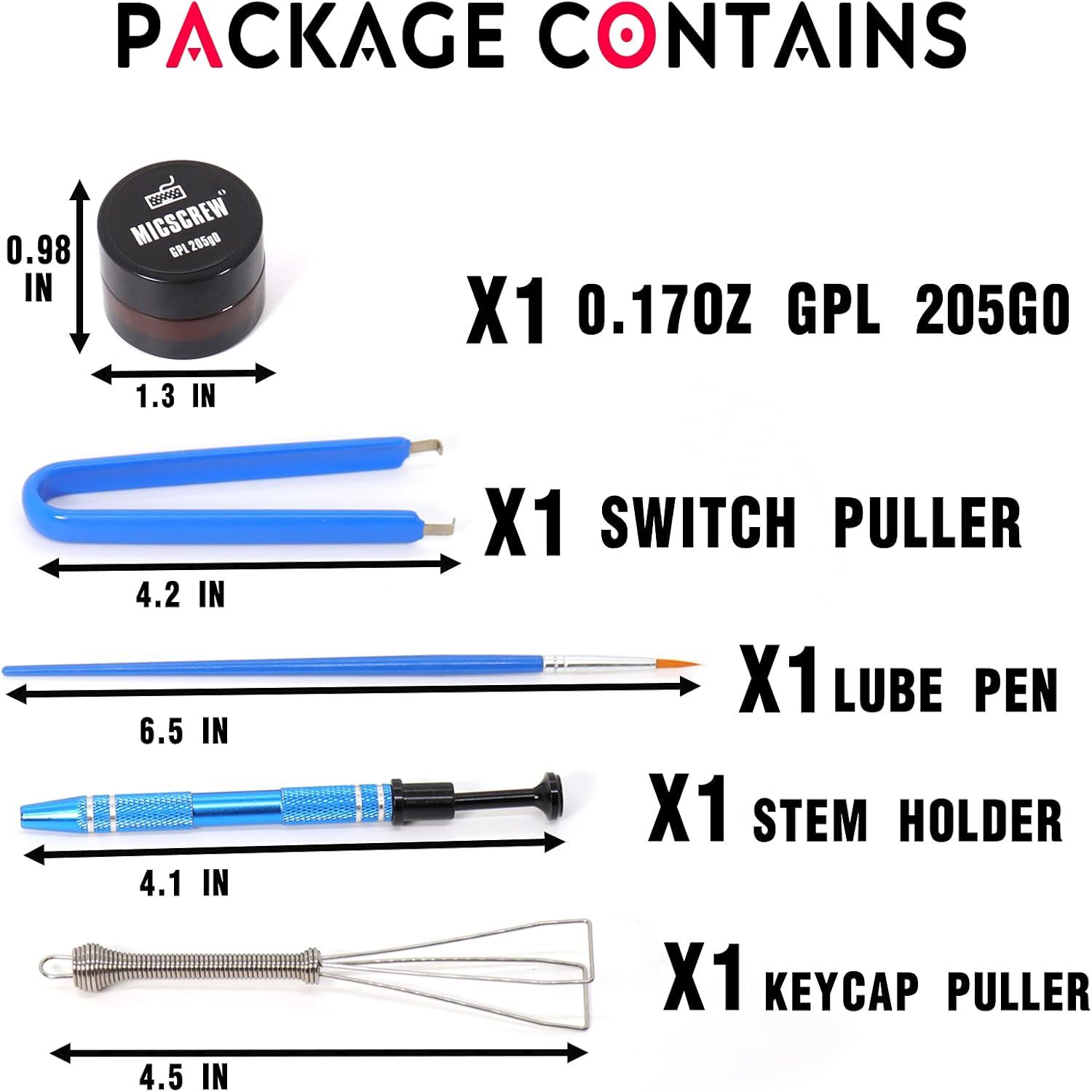 Shows the customer exactly what items and tools are included in the package, with precise dimensions for each component to set clear expectations.