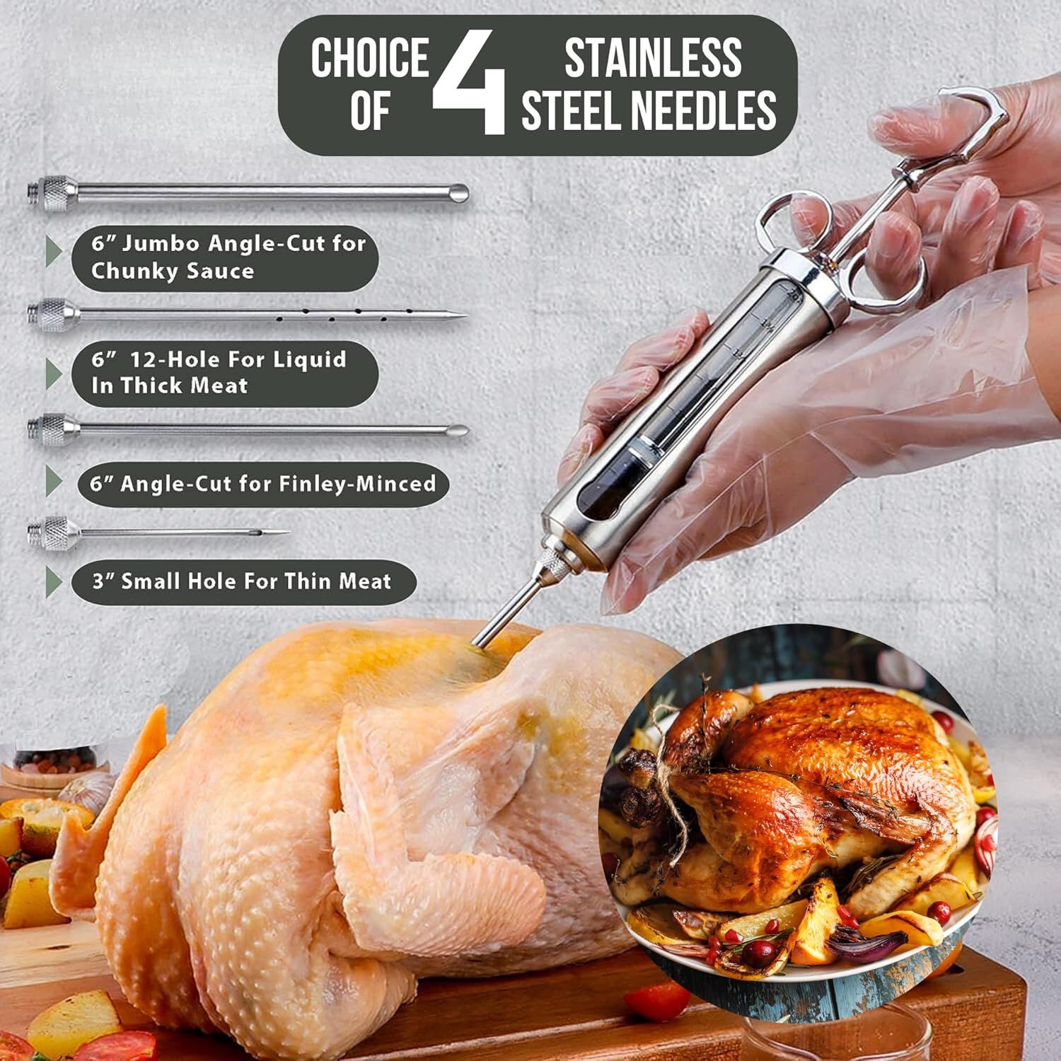 Shows the customer all four needle options included with the meat injector, explaining what each needle is designed for to help them understand the versatility and completeness of the kit.