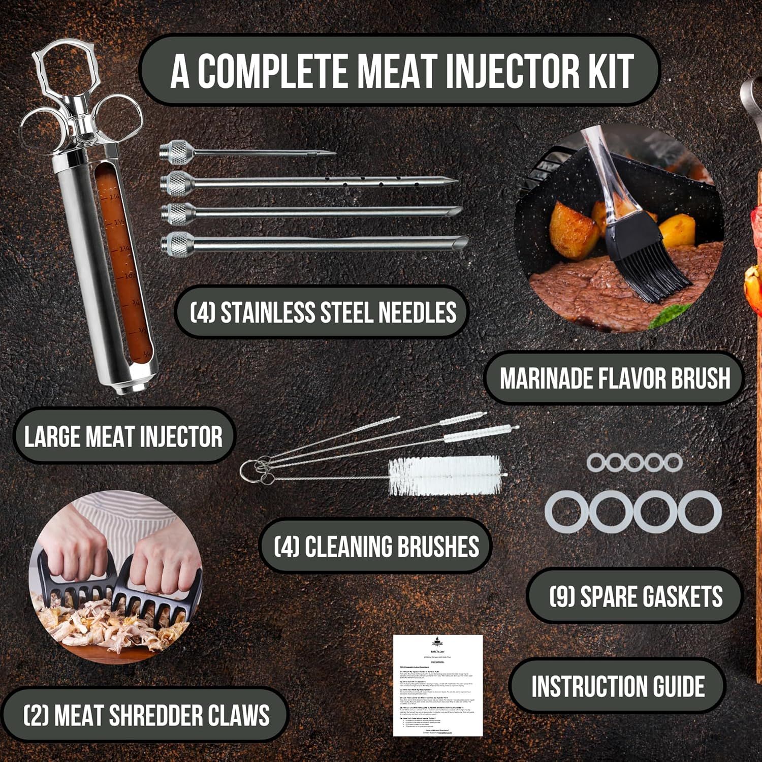 Shows all the items included in the meat injector kit to help shoppers understand the complete value and functionality of the bundle they will receive.