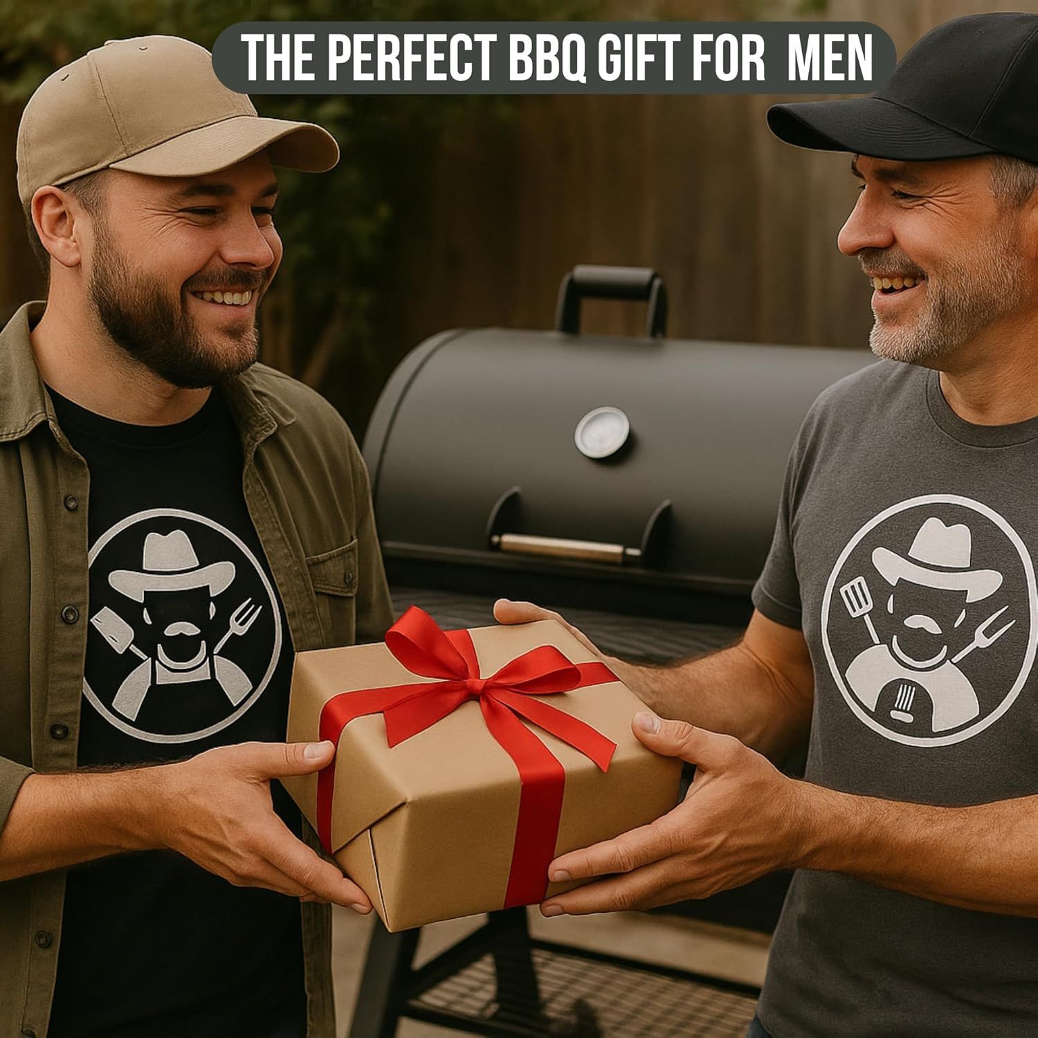 Positions the product as the perfect gift for men who enjoy BBQ, using gift wrapping and lifestyle context to create a gifting occasion appeal.