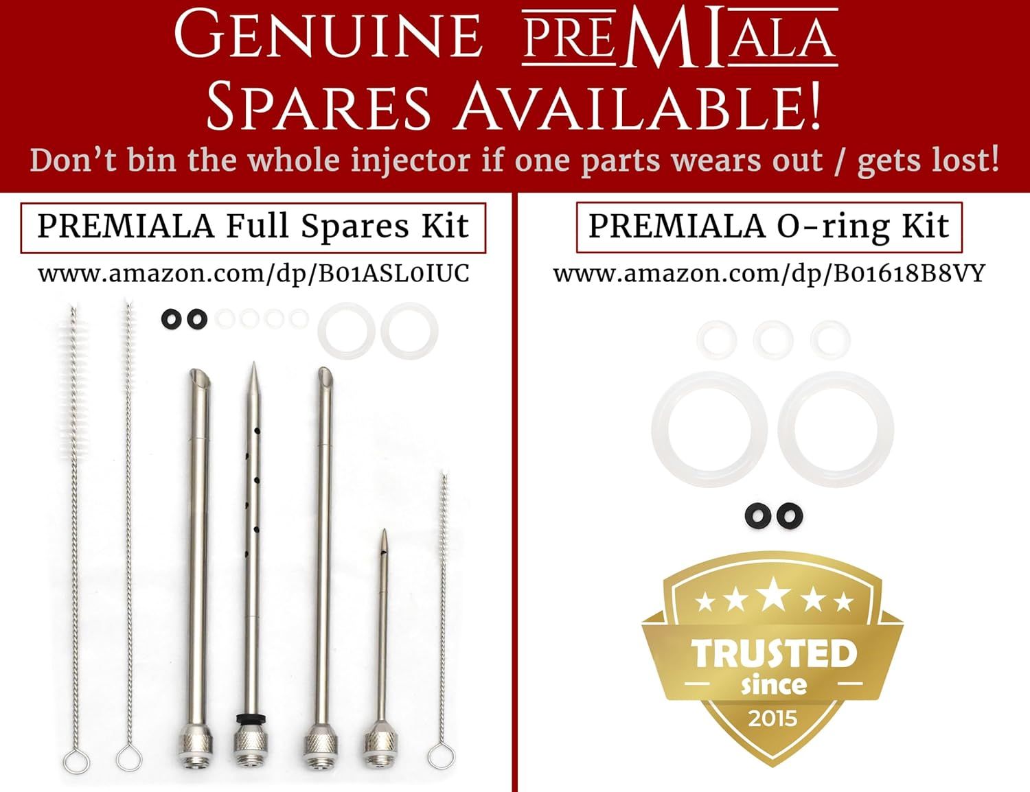 Informs shoppers that genuine replacement parts are available for purchase separately, preventing the need to replace the entire injector when individual components wear out or get lost.
