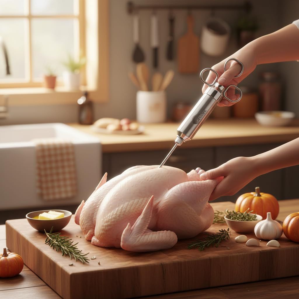 Demonstrates the product in a real-world kitchen setting, showing the meat injector being used to prepare poultry, helping shoppers visualize the product in their own cooking routine.