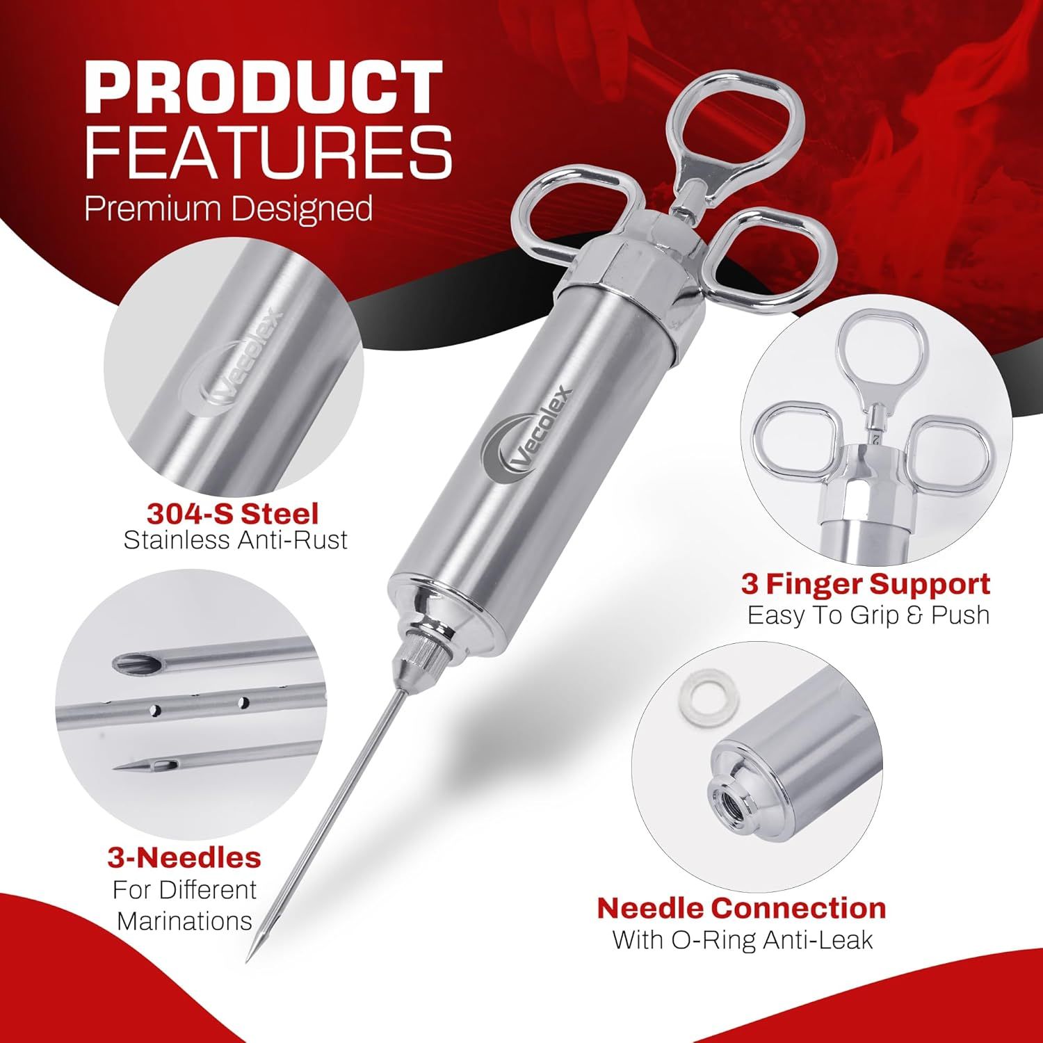 Communicates multiple distinct product features in a segmented layout to show the premium design, material quality, versatility, ergonomic handling, and leak-proof construction of the meat injector.