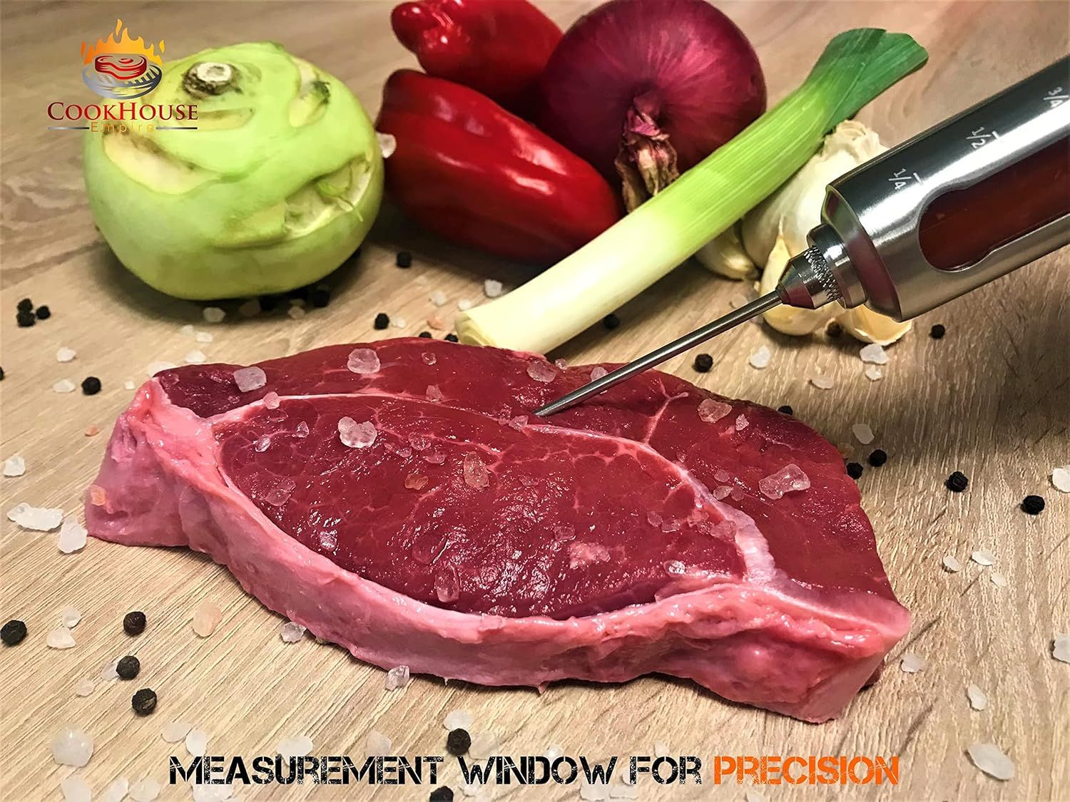 Highlights the precision measurement window feature of the meat thermometer, reassuring shoppers that they can accurately gauge meat temperature for perfect cooking results.