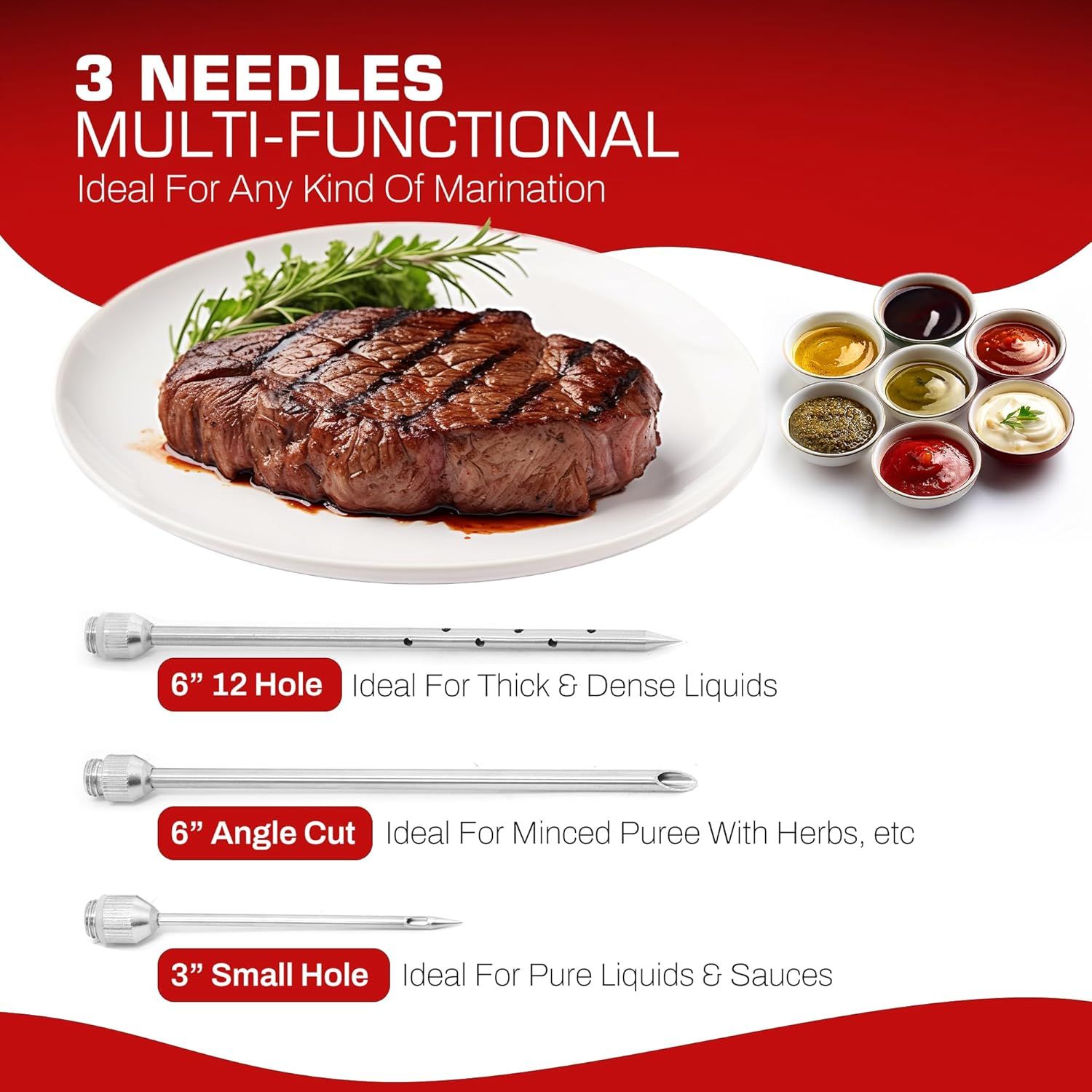 Demonstrates the three different needle types included in the product and their specific use cases (thick liquids, minced puree with herbs, and pure liquids/sauces) to show versatility and help…