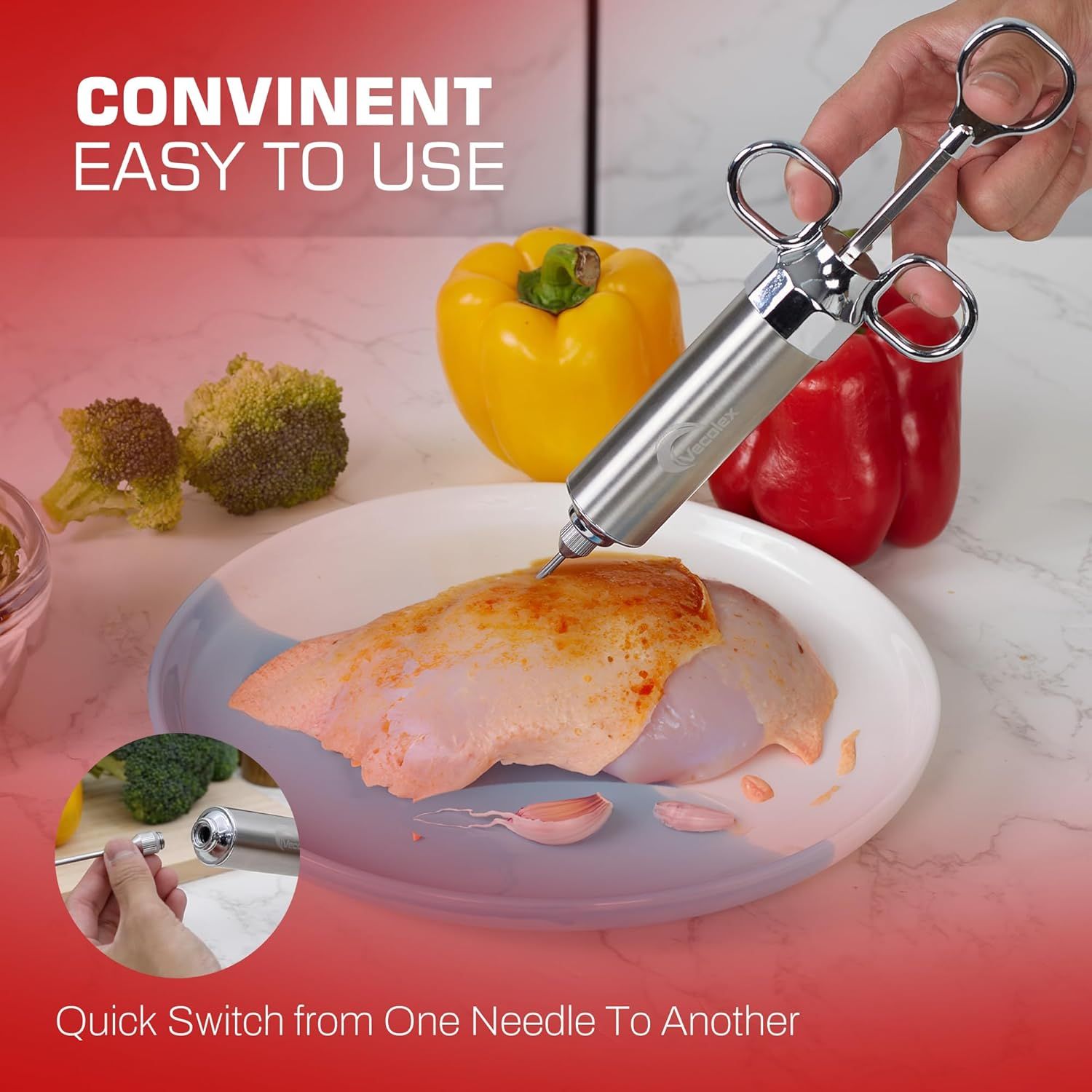 Communicates that the meat injector is convenient and easy to use, with the ability to quickly switch between needles, making food preparation simpler and more efficient.