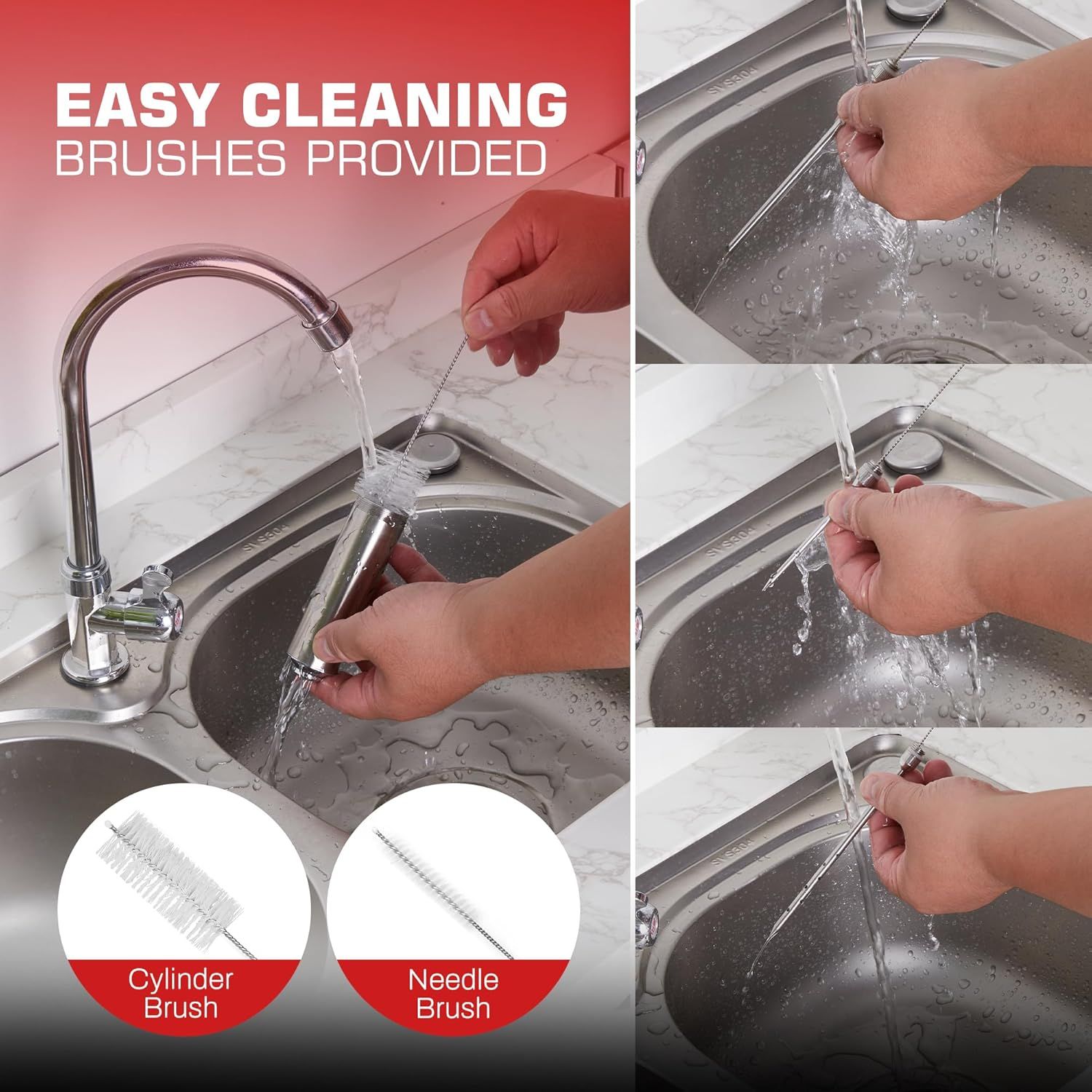 Demonstrates how to clean the product (straws) using the included brushes, showing the simple step-by-step process under running water to reassure shoppers that maintenance is effortless. Shows that…
