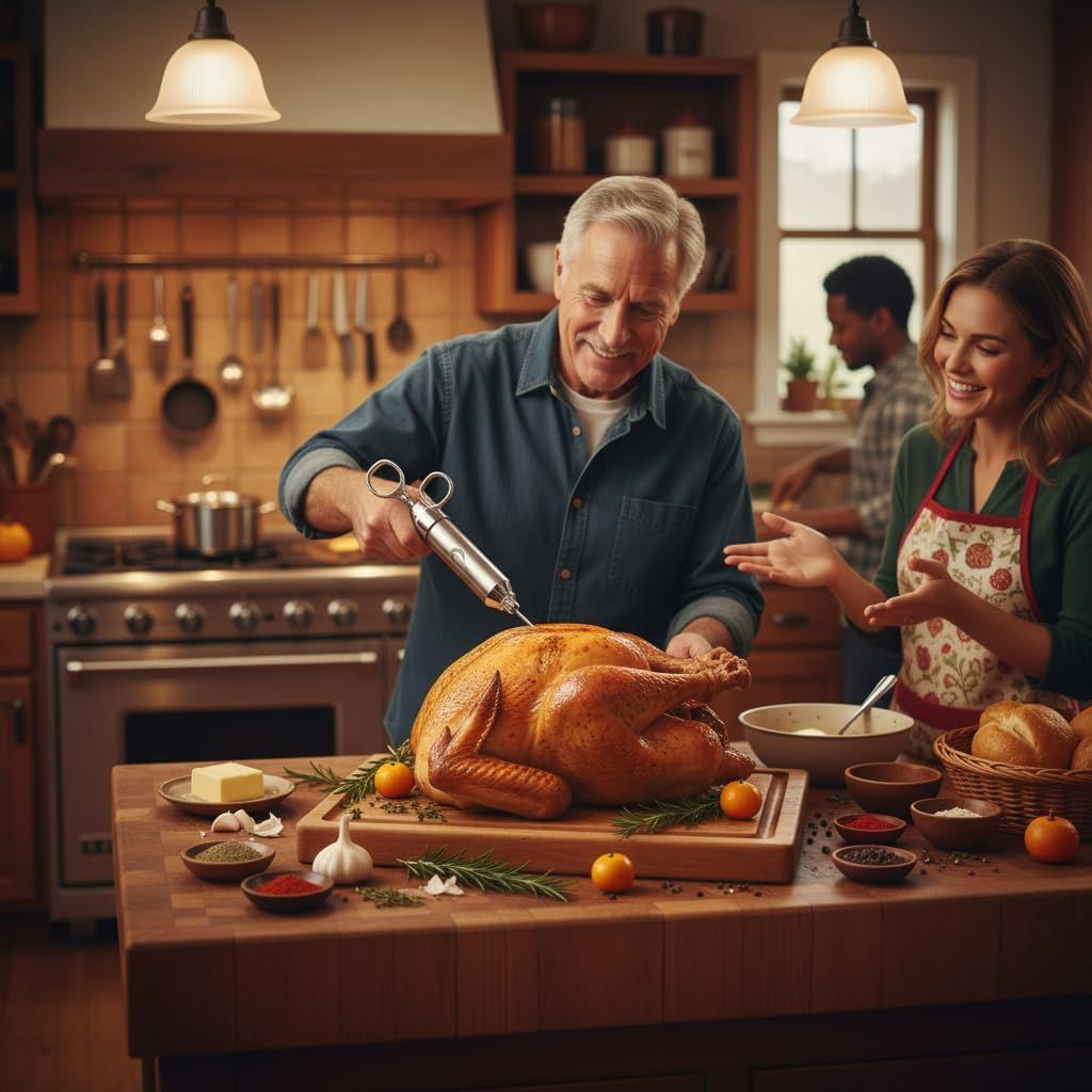 Showcases the product (likely kitchen scissors or carving tool) in an authentic, warm family holiday setting to help shoppers envision using it during special occasions and meal preparation.