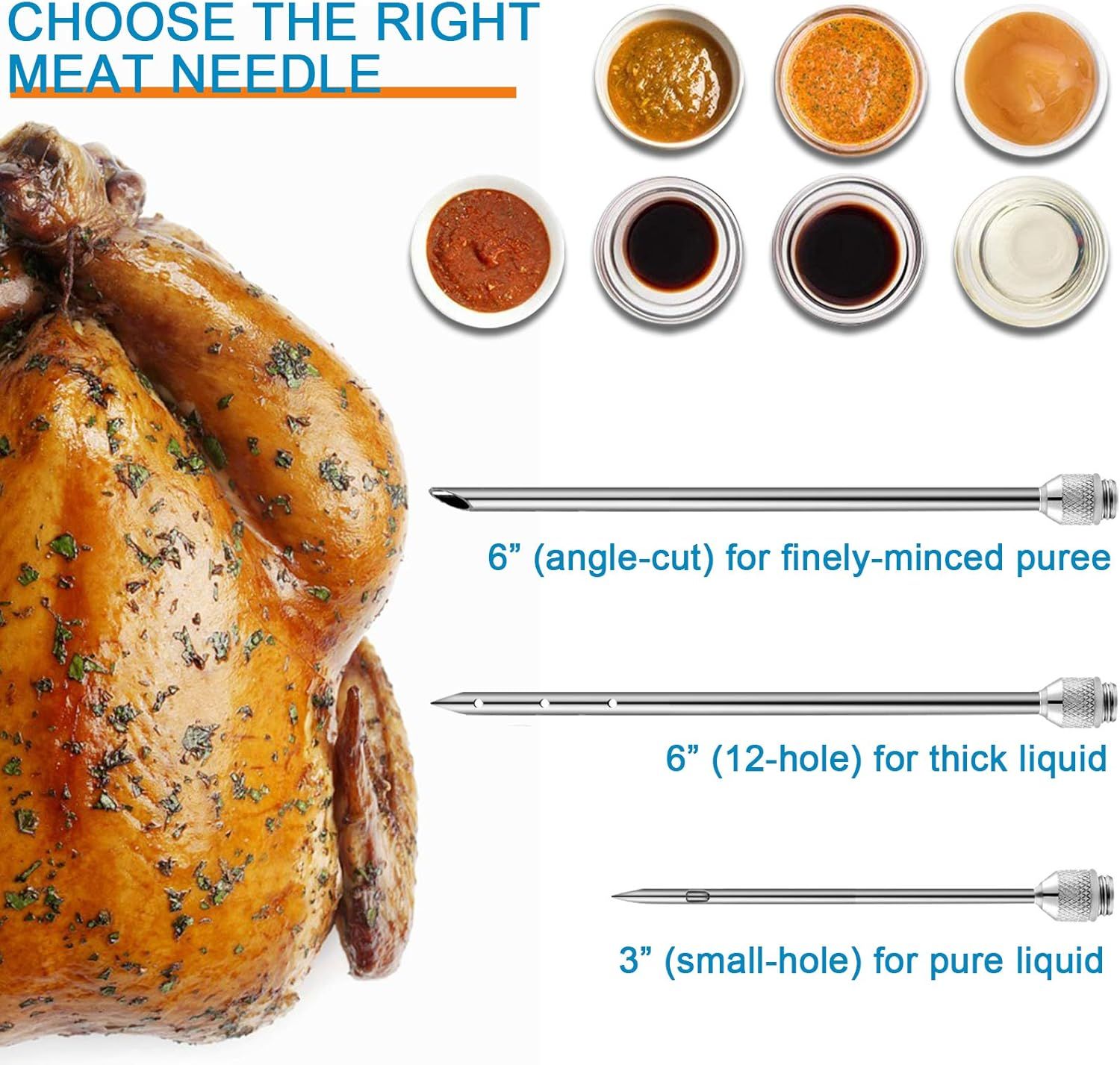 Helps shoppers choose the right meat needle from the brand's product lineup by showing three different needle types and their specific applications for different food consistencies.