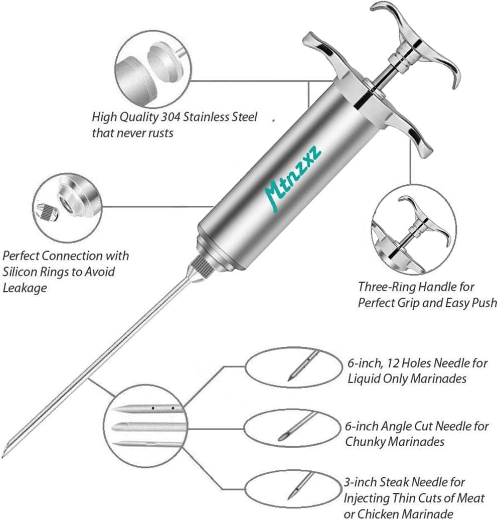 Breaks down the physical components and construction of the meat injector to help shoppers understand the quality materials, leak-proof design, ergonomic handle, and versatile needle options included.