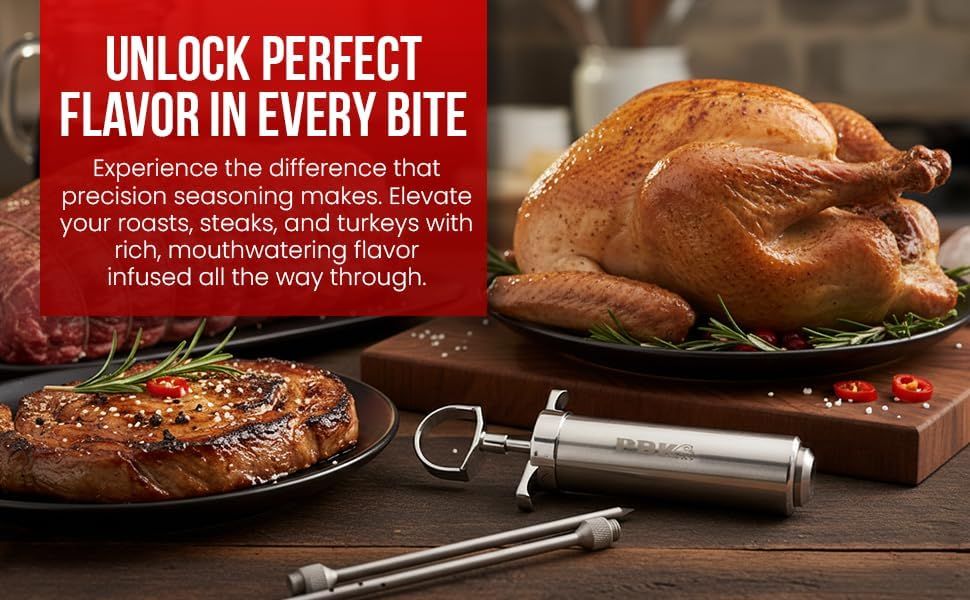 Demonstrates the versatility of the seasoning injector by showing it can be used across multiple types of meat preparations, reassuring shoppers of its broad utility in the kitchen. Communicates the…