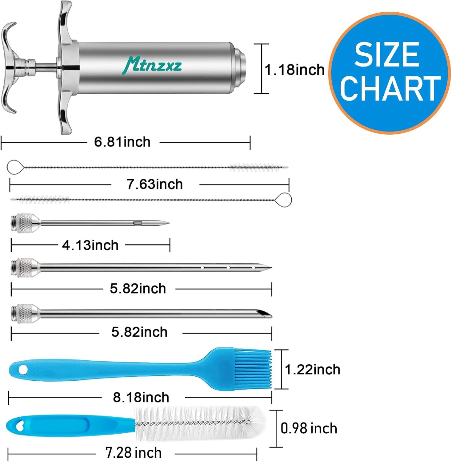 Provides exact measurements for the meat injector and all included accessories to help shoppers understand the physical size of each component and ensure it meets their needs.