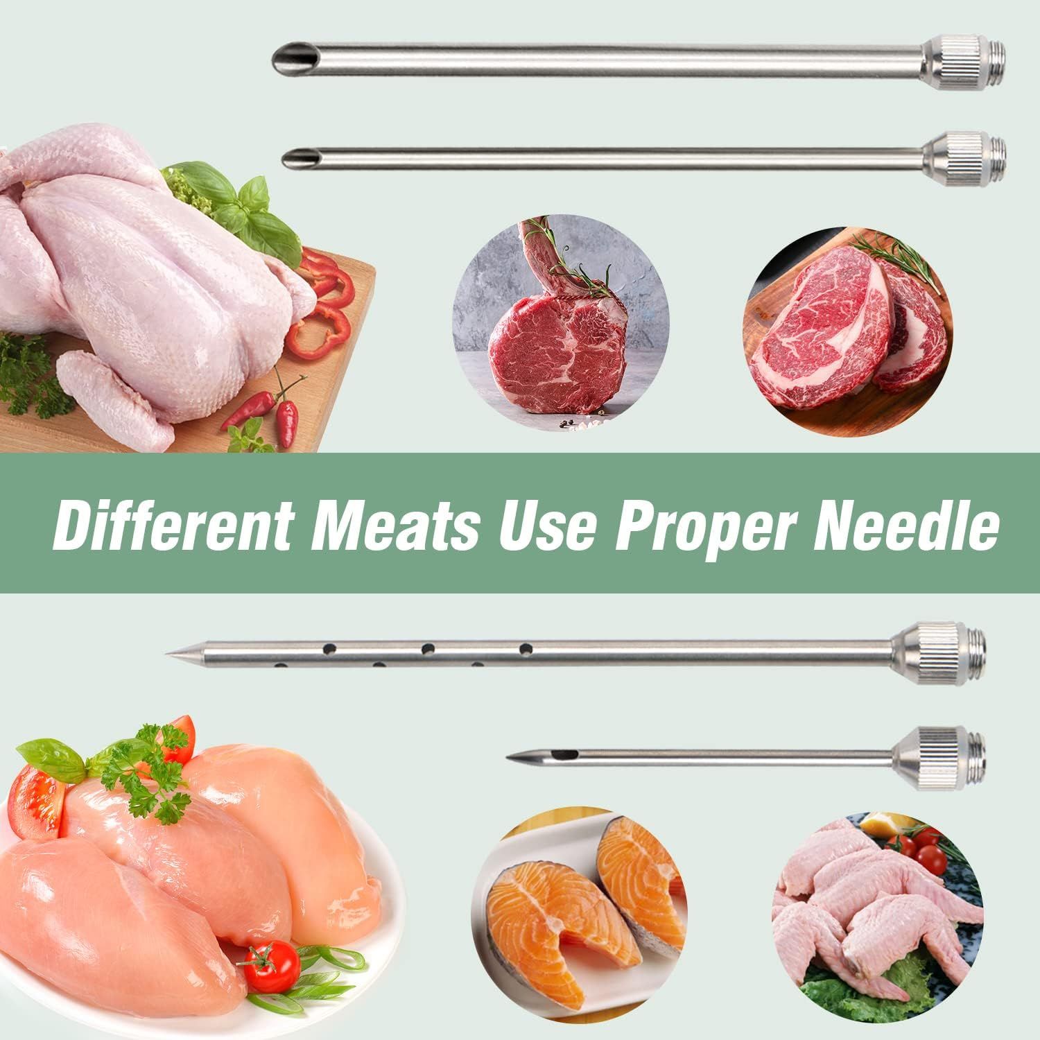 Demonstrates that the product includes different needle types designed for various meats (poultry, beef, chicken, fish), reassuring shoppers of its versatility and proper usage across multiple…