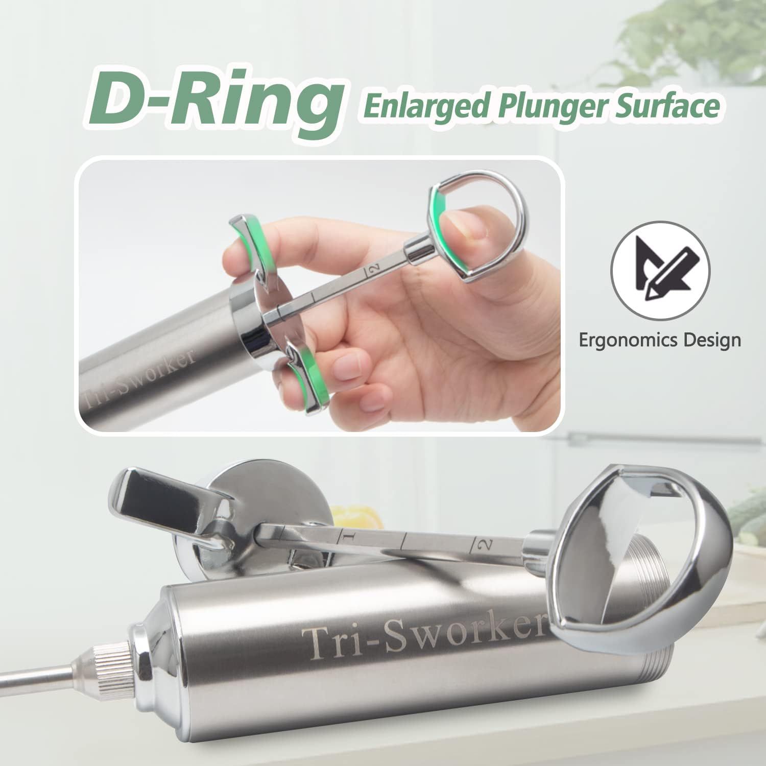 Highlights the D-ring plunger surface design with a zoomed-in view to show the specific ergonomic component and how it functions within the product structure. Communicates the ergonomic design…