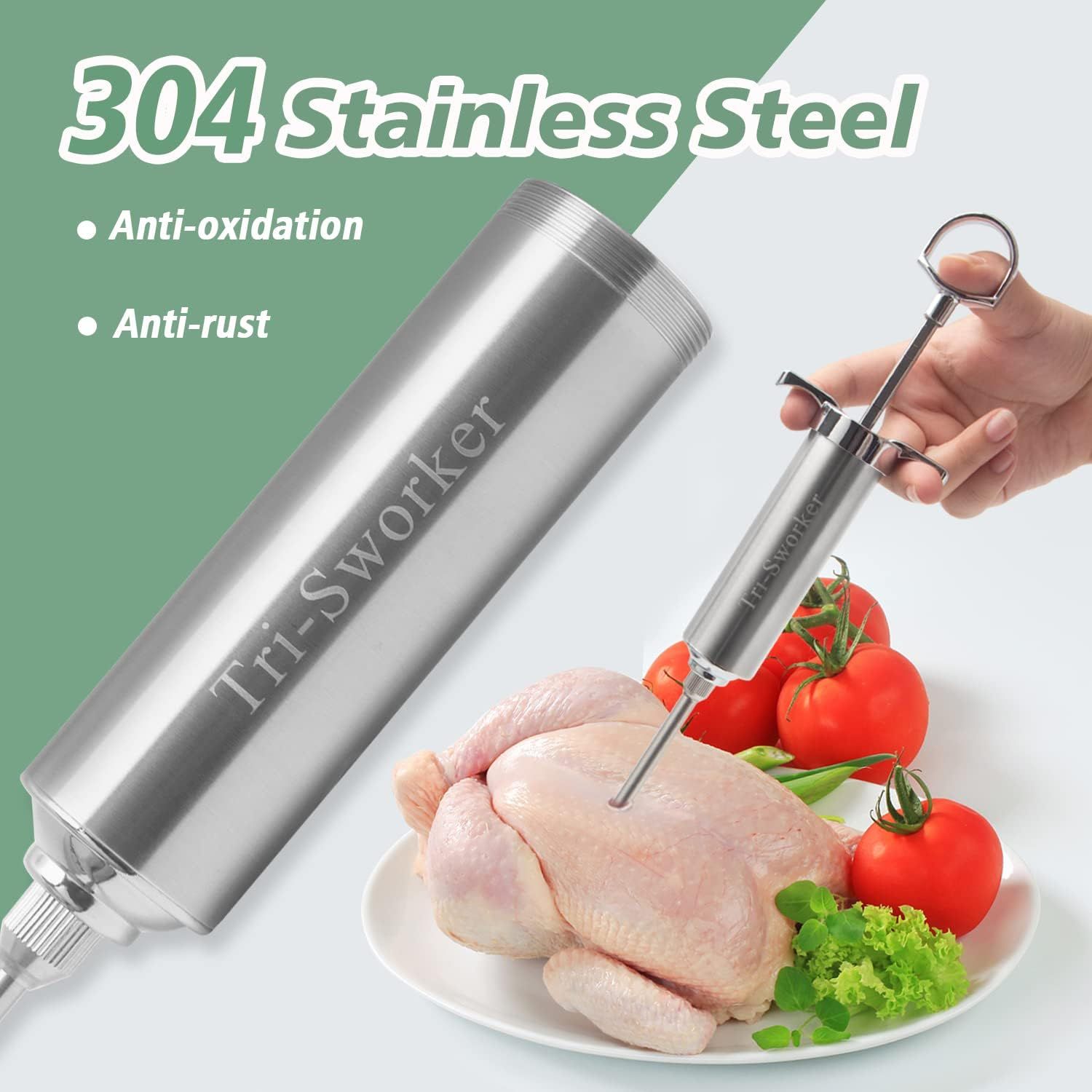 Highlights the premium 304 stainless steel construction of the meat injector, emphasizing its anti-oxidation and anti-rust properties to reassure shoppers of durability and food safety.