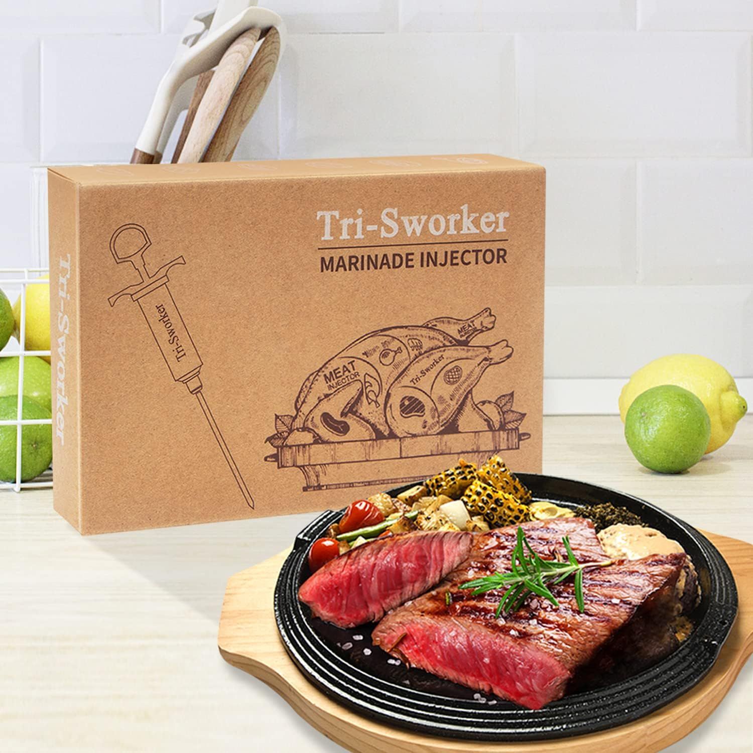 Shows the product packaging alongside the finished result (cooked steak) to demonstrate what the marinade injector can help achieve and give shoppers confidence in the product's effectiveness.
