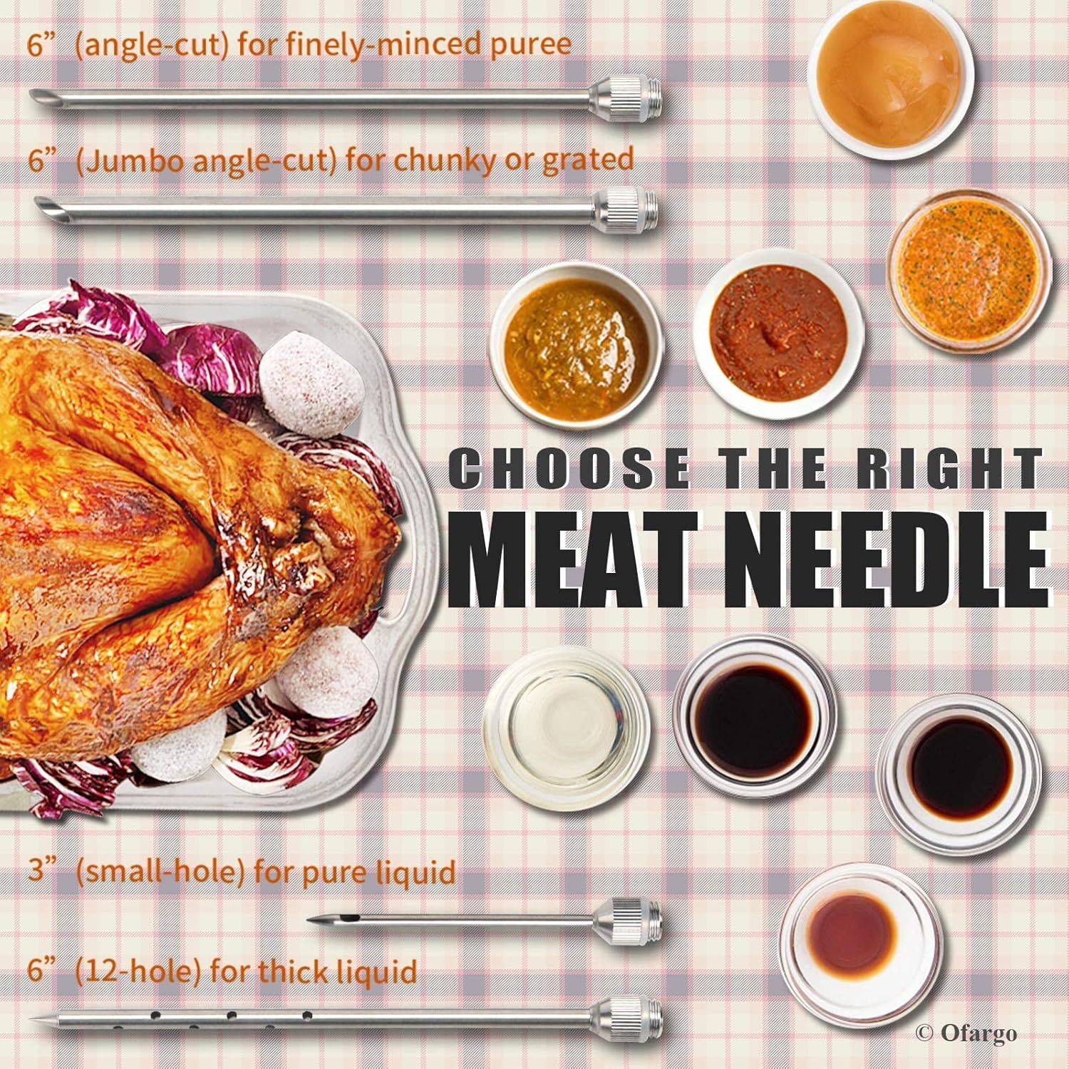 Demonstrates the different meat needle options available and their specific applications (puree, chunky/grated, pure liquid, thick liquid) to help shoppers choose the right tool for their cooking…