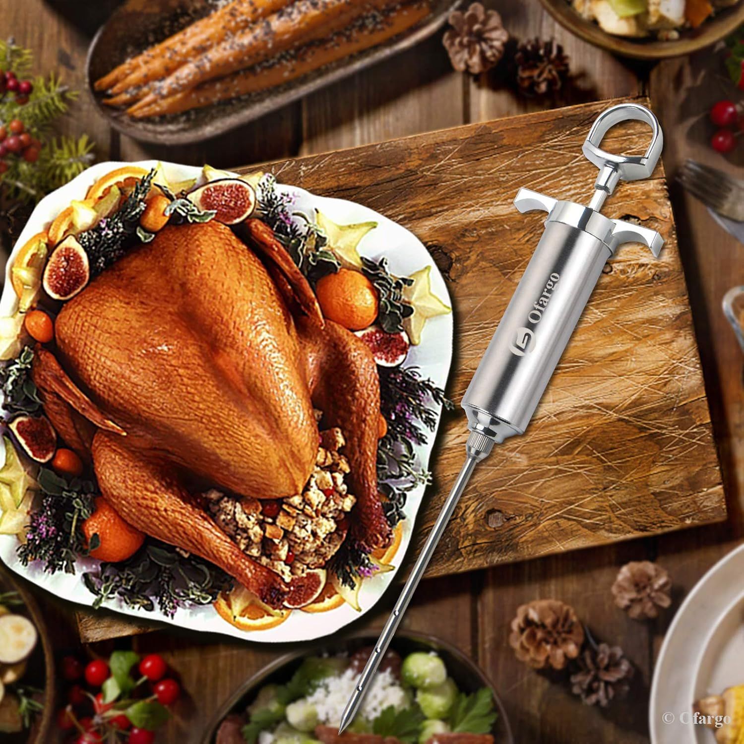 Positions the product as ideal for holiday cooking and entertaining, showing it in a festive seasonal context with a beautifully prepared turkey and holiday decorations to appeal to gift-givers and…
