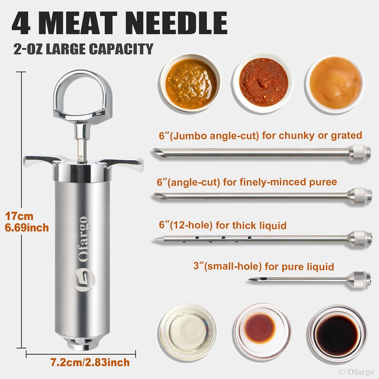 Shows everything included in the meat injector kit—the main injector body and four different needle attachments for various injection purposes—to help shoppers understand the complete package…
