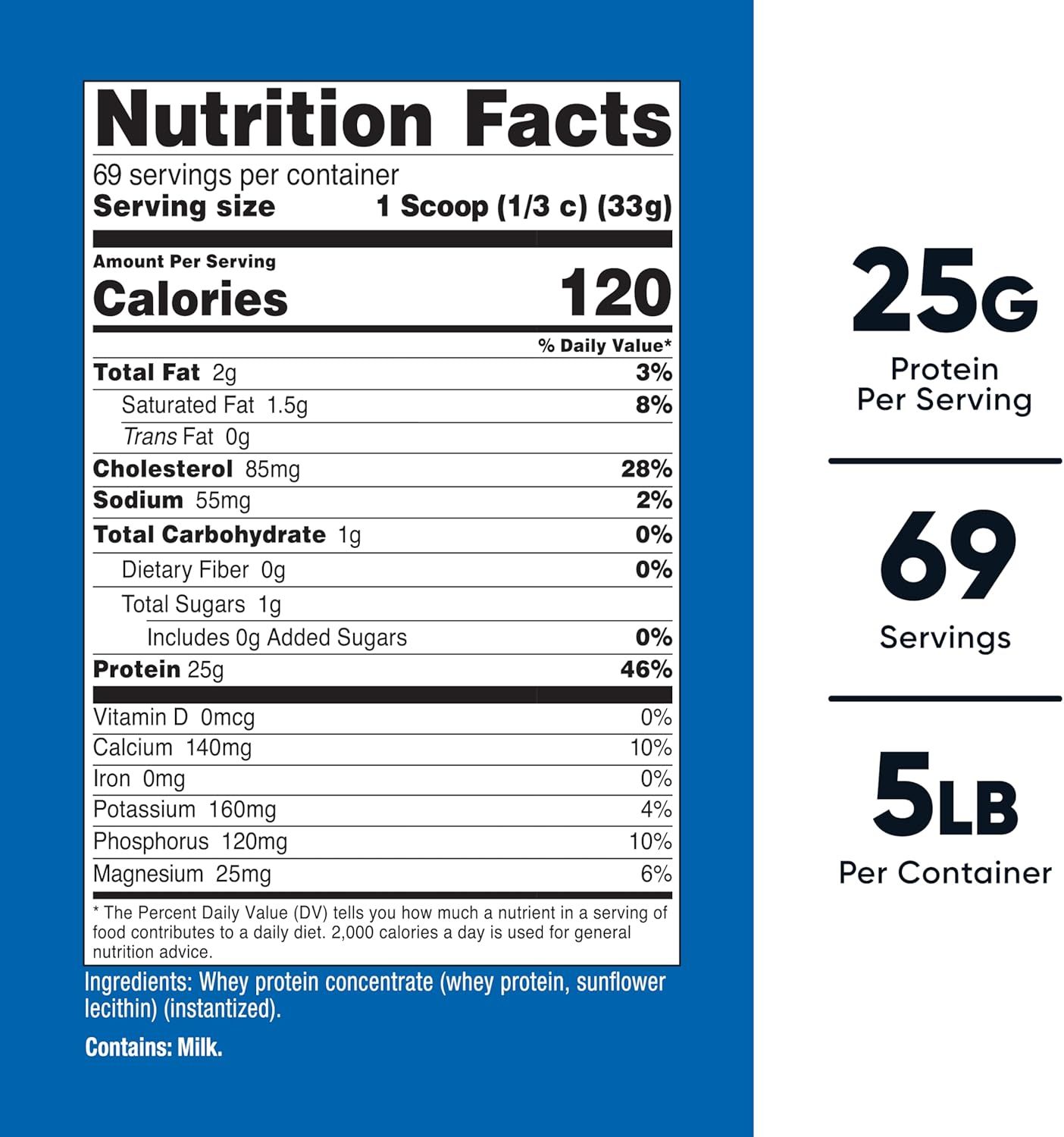 Highlights the high protein content per serving (25g) and total servings (69) to communicate the product's performance and value to shoppers seeking protein supplementation.