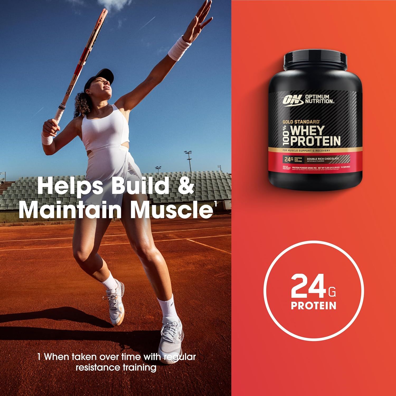 Highlights the high protein content (24g) to communicate the product's effectiveness for muscle building and recovery, appealing to fitness-focused shoppers. Communicates the core benefit of helping…