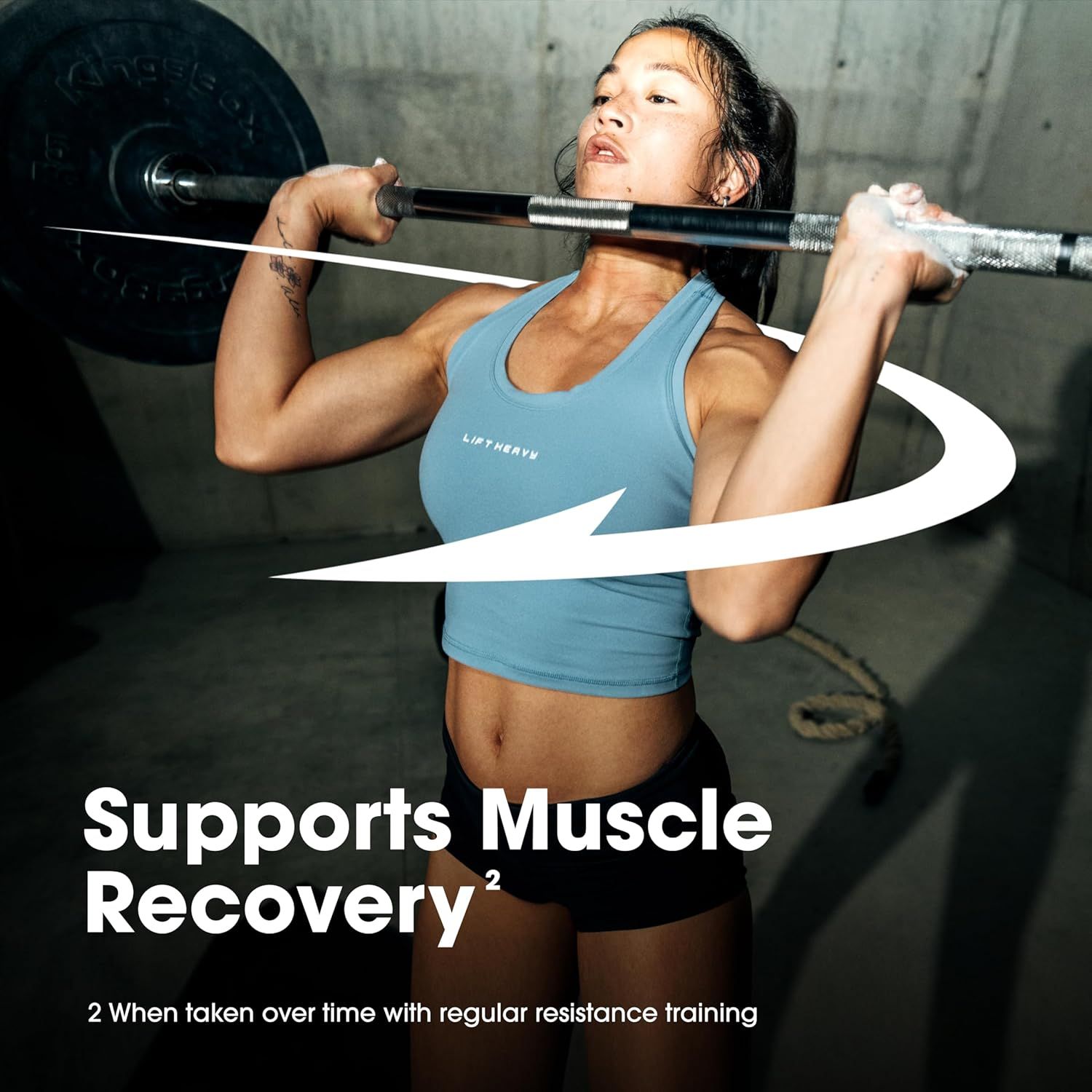 Communicates that the product supports muscle recovery when used consistently with resistance training, appealing to fitness enthusiasts and athletes.
