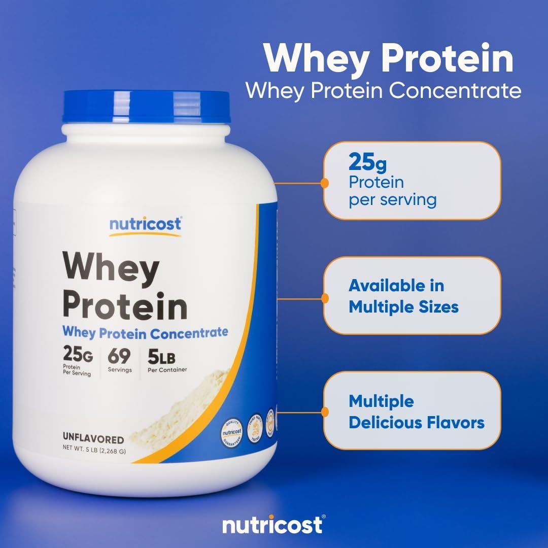 Communicates three distinct selling benefits of the whey protein product in a visually segmented layout with callout boxes to inform shoppers of protein content, size options, and flavor variety.