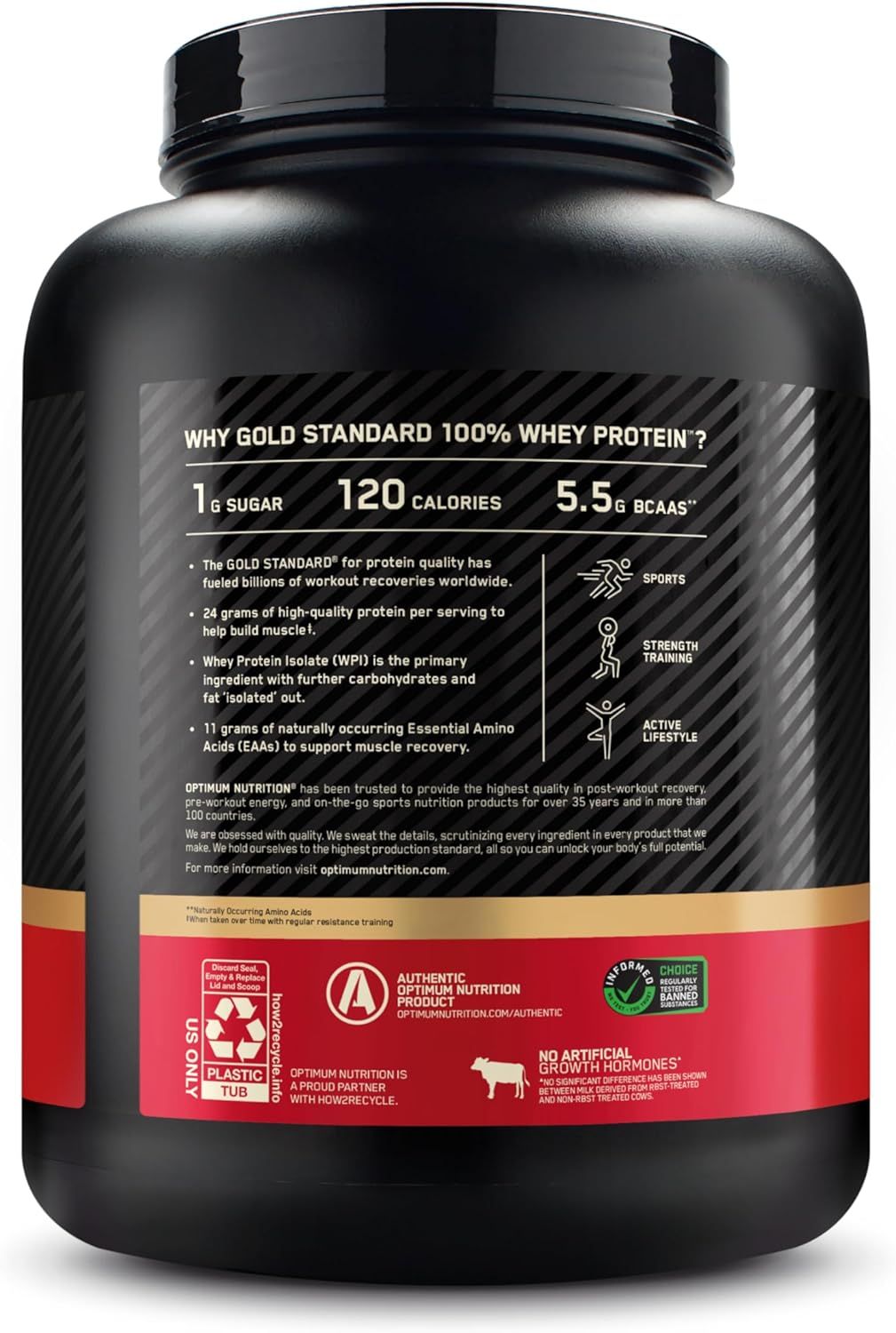 Communicates multiple key nutritional benefits and use cases of the whey protein product to appeal to various fitness goals and lifestyles.