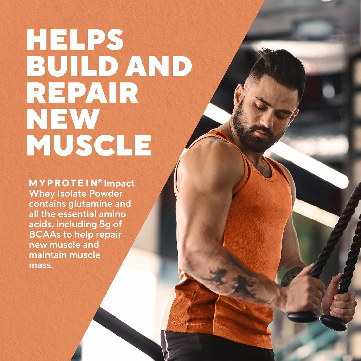Communicates that the whey isolate powder helps build and repair muscle through glutamine and essential amino acids including BCAAs, reassuring fitness-focused shoppers of the product's…