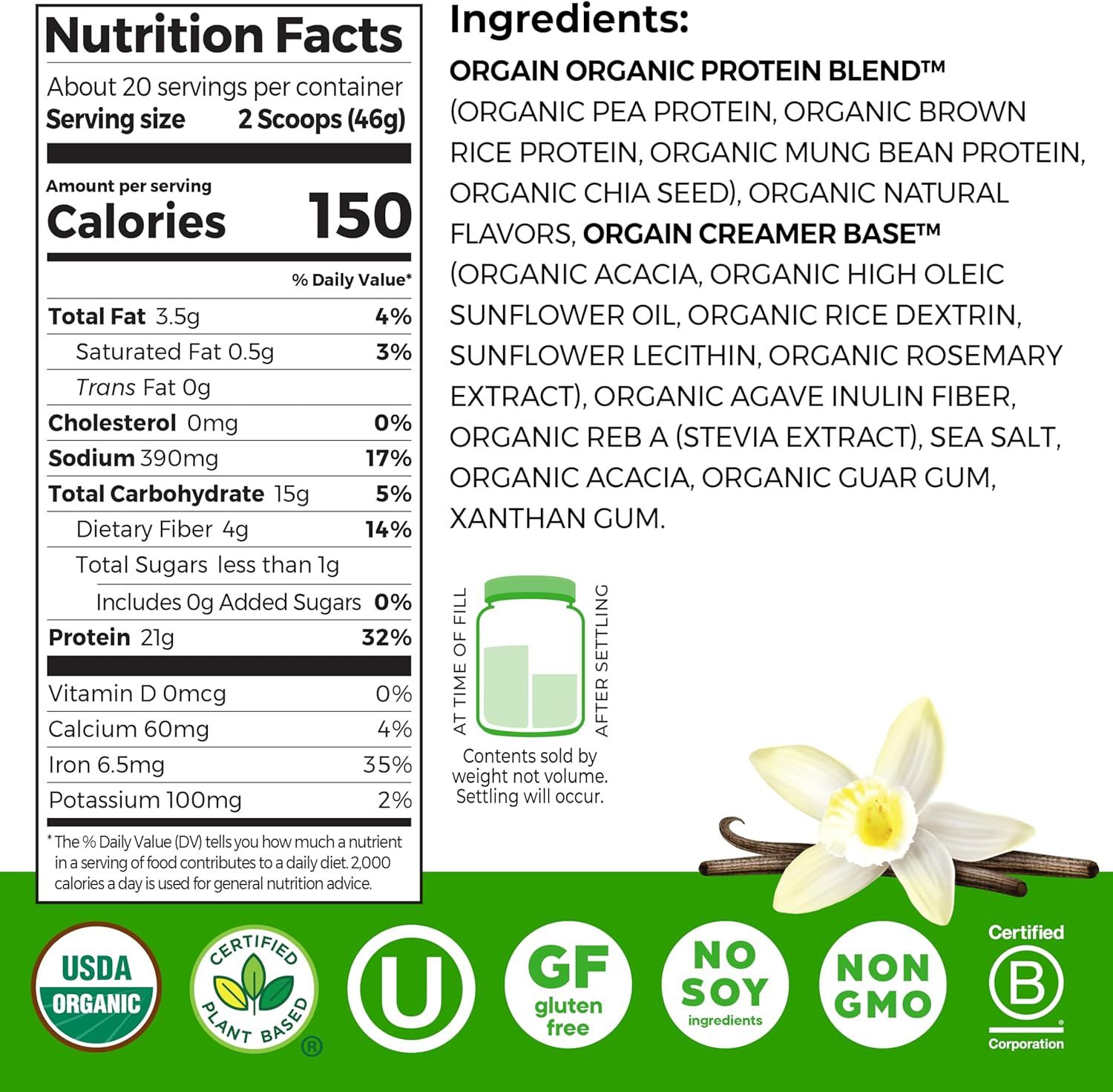 Communicates the product's extensive certifications and clean ingredient profile to reassure health-conscious shoppers that the protein powder meets multiple dietary, environmental, and ethical…