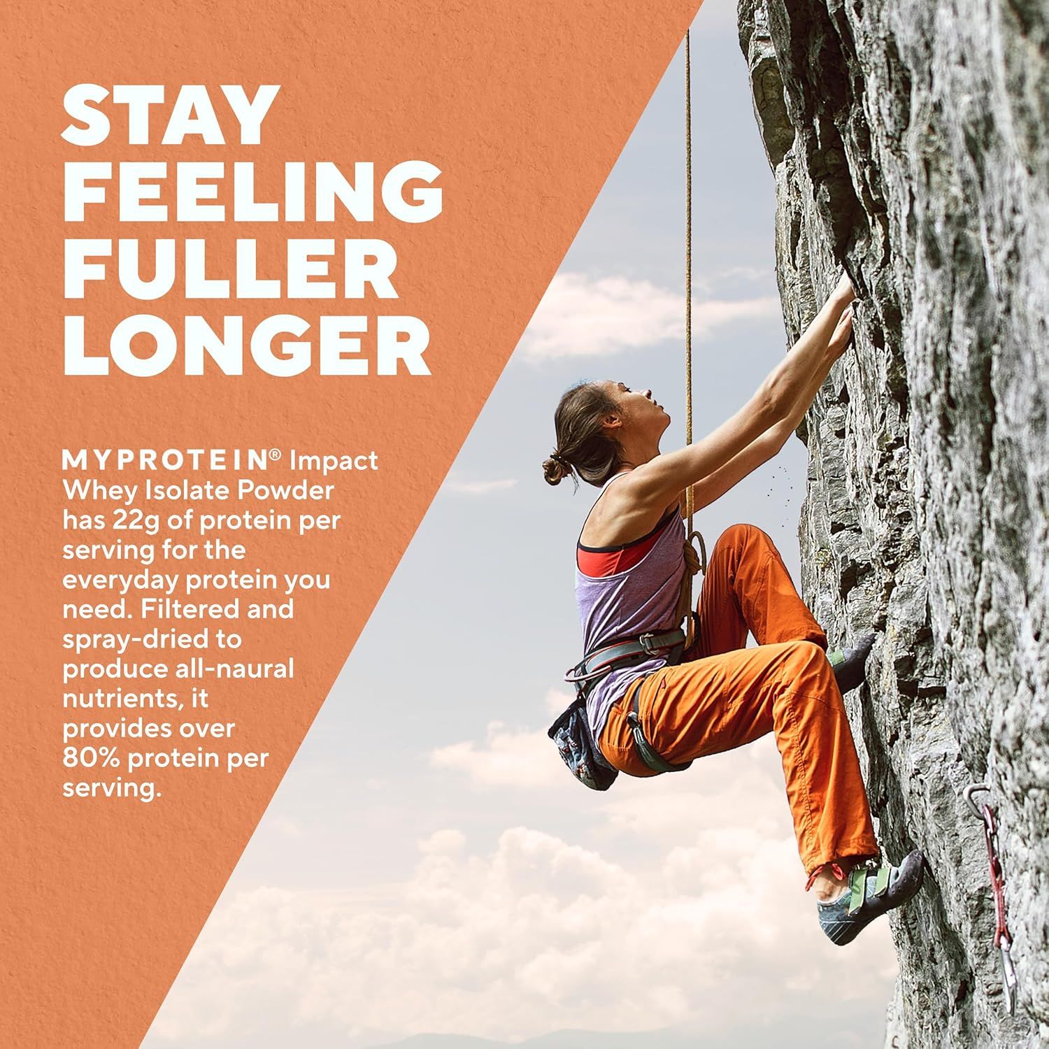 Communicates the high protein content of the product to reassure shoppers that it delivers substantial nutritional value for satiety and performance. Highlights the benefit of staying fuller longer…