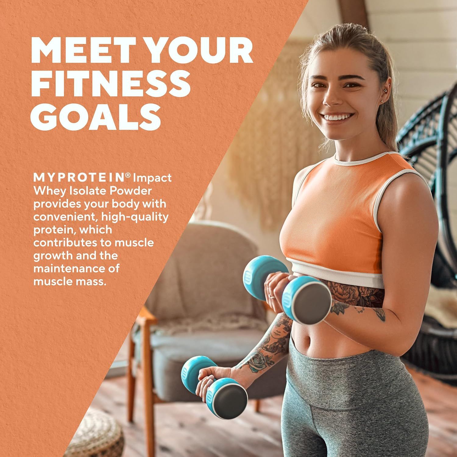 Showcases the product in a real-world fitness setting to help shoppers visualize using the protein powder as part of their active lifestyle and fitness routine.