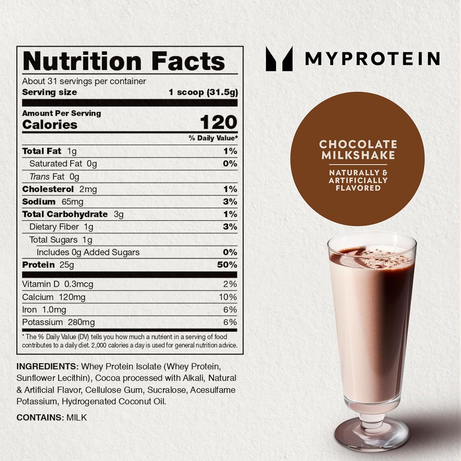 Communicates the nutritional profile and health benefits of the protein powder, emphasizing high protein (25g, 50% DV), low sugar, and added vitamins/minerals to reassure health-conscious shoppers.