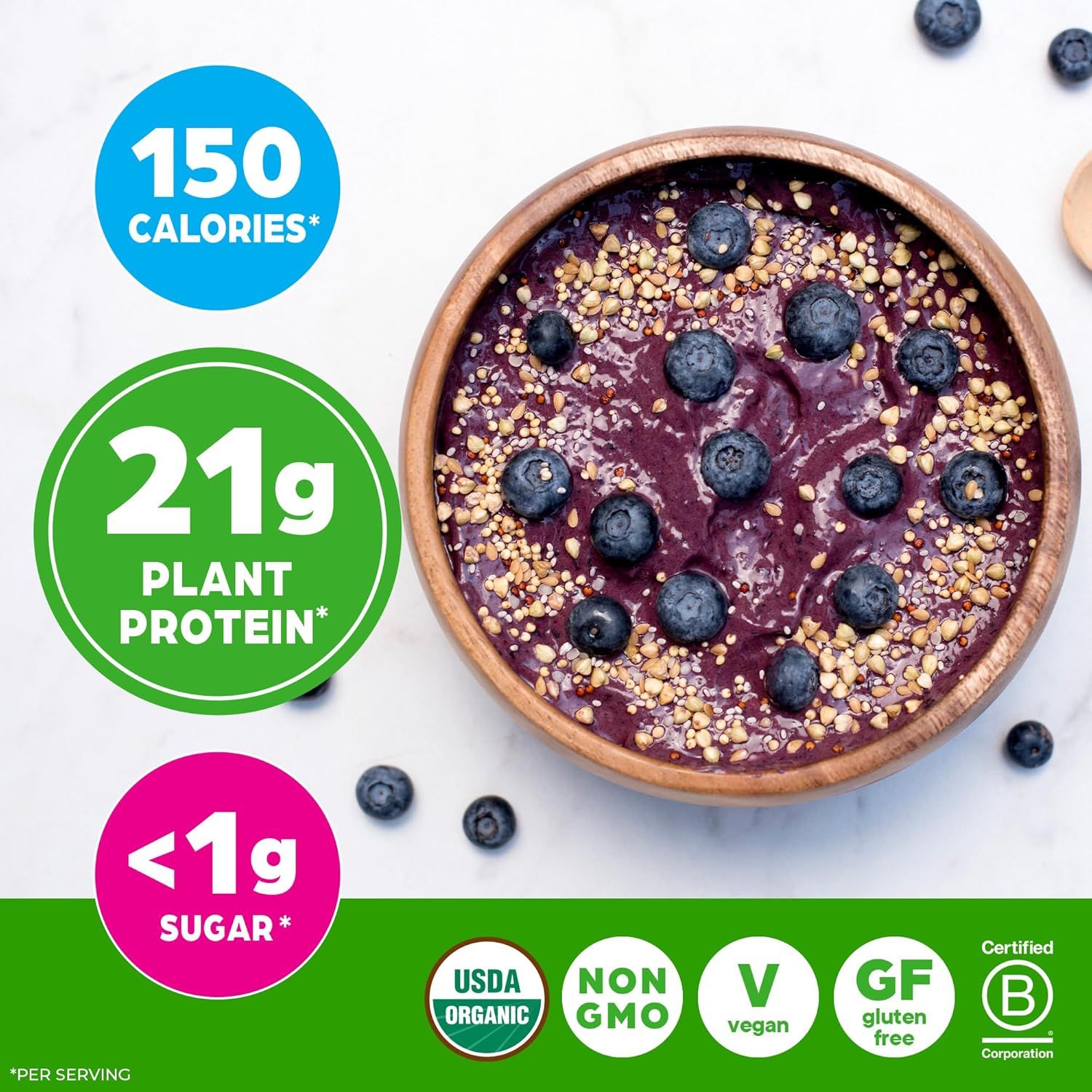 Communicates the product's nutritional performance metrics to appeal to health-conscious shoppers looking for low-calorie, high-protein, low-sugar options. Reassures shoppers that the product meets…