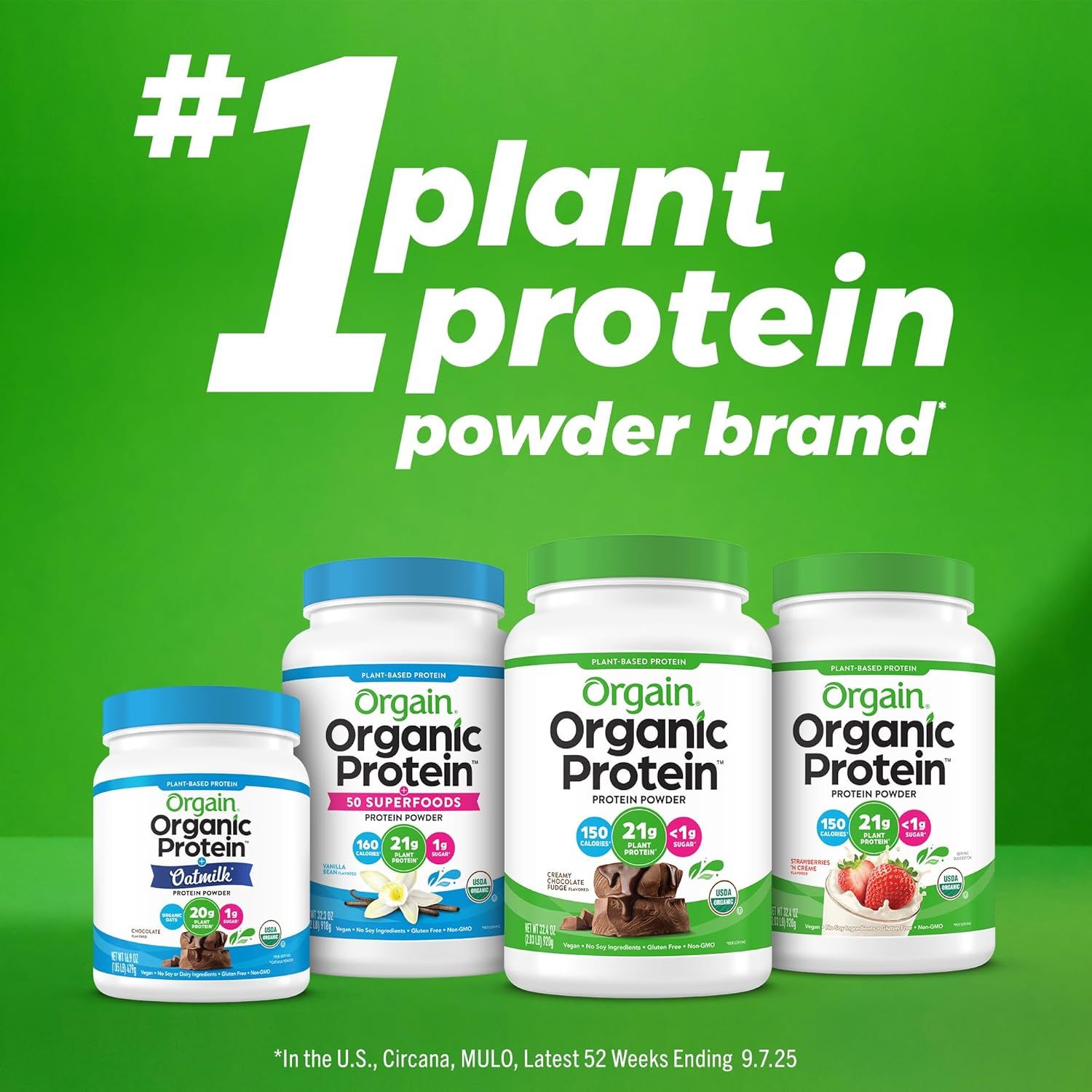 Communicates brand leadership and market dominance by highlighting the #1 position in the plant protein powder category, while showcasing the product line variety to build trust and credibility.