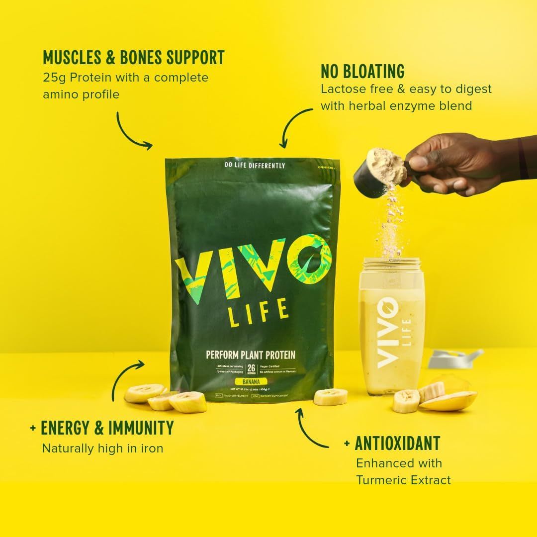 Communicates multiple distinct health benefits of the plant protein product, including muscle support with 25g protein, digestive ease, energy boost from iron, and antioxidant properties from…