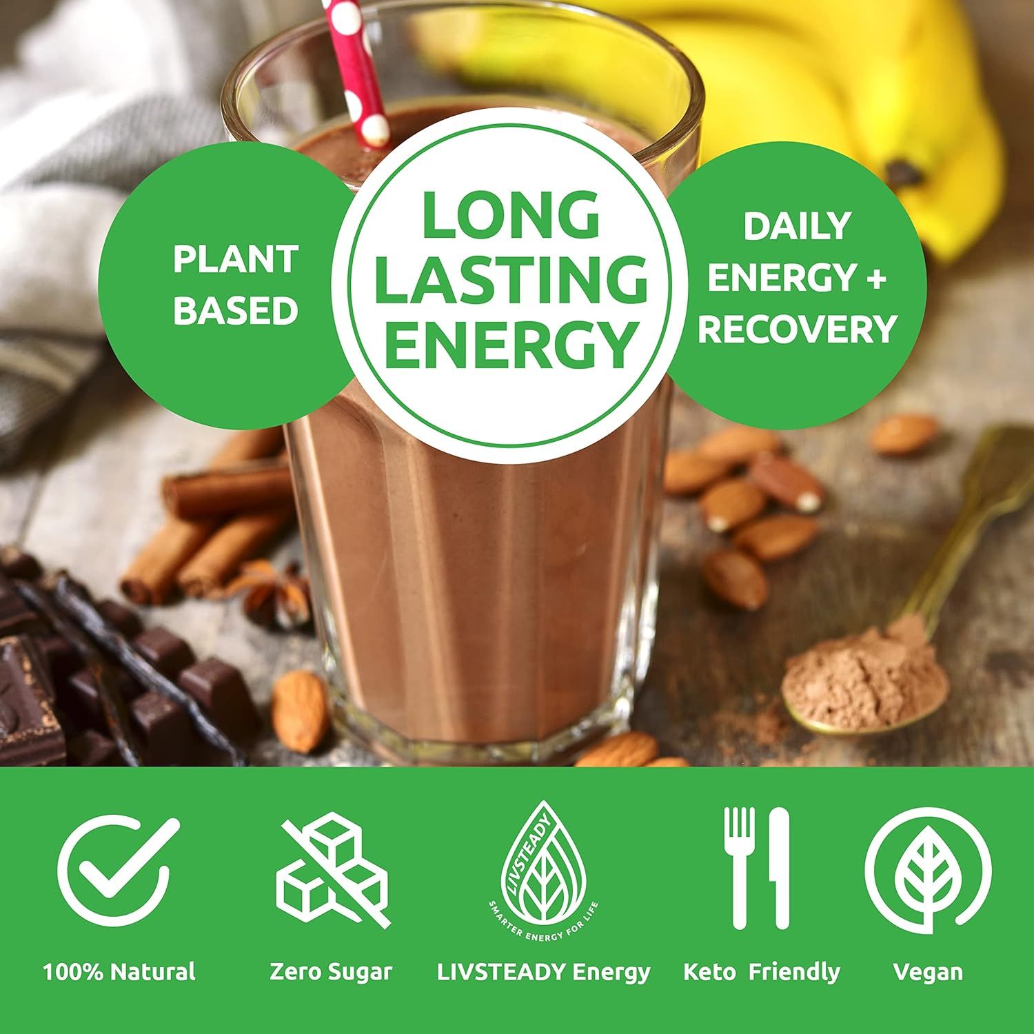 Communicates multiple key benefits and product attributes in a segmented layout to show the product is a healthy, plant-based energy drink with sustained energy, no sugar, and compatibility with…