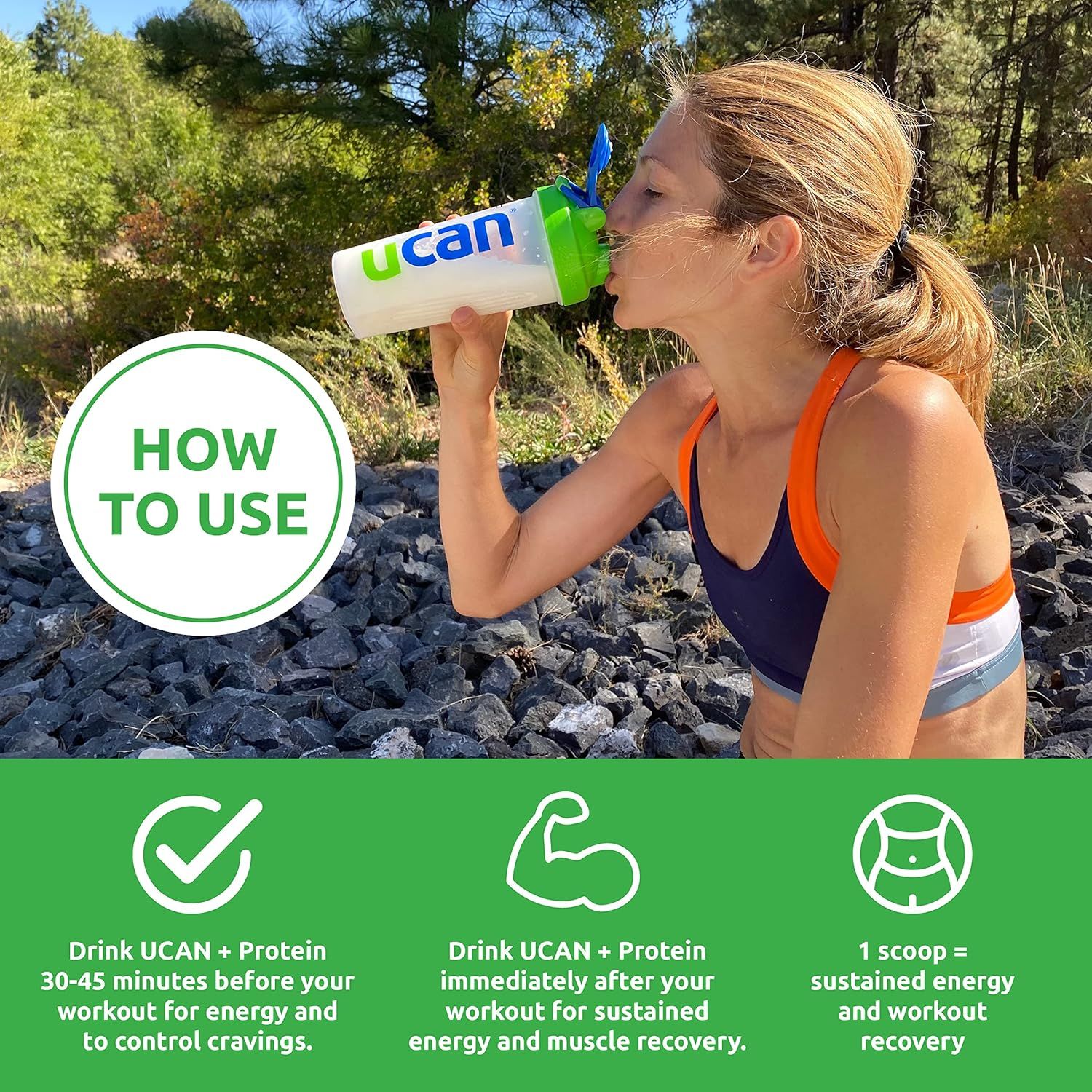 Demonstrates how and when to use the UCAN protein product for optimal workout performance and recovery, providing clear timing instructions for before and after exercise.