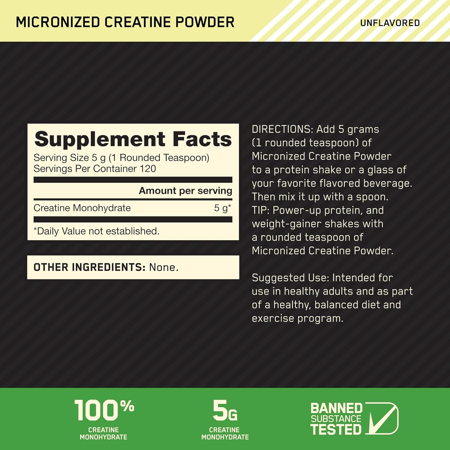 Communicates multiple key product benefits and details in a segmented layout: purity (100% creatine), dosage (5g), safety testing, nutritional information, and usage instructions to inform and…
