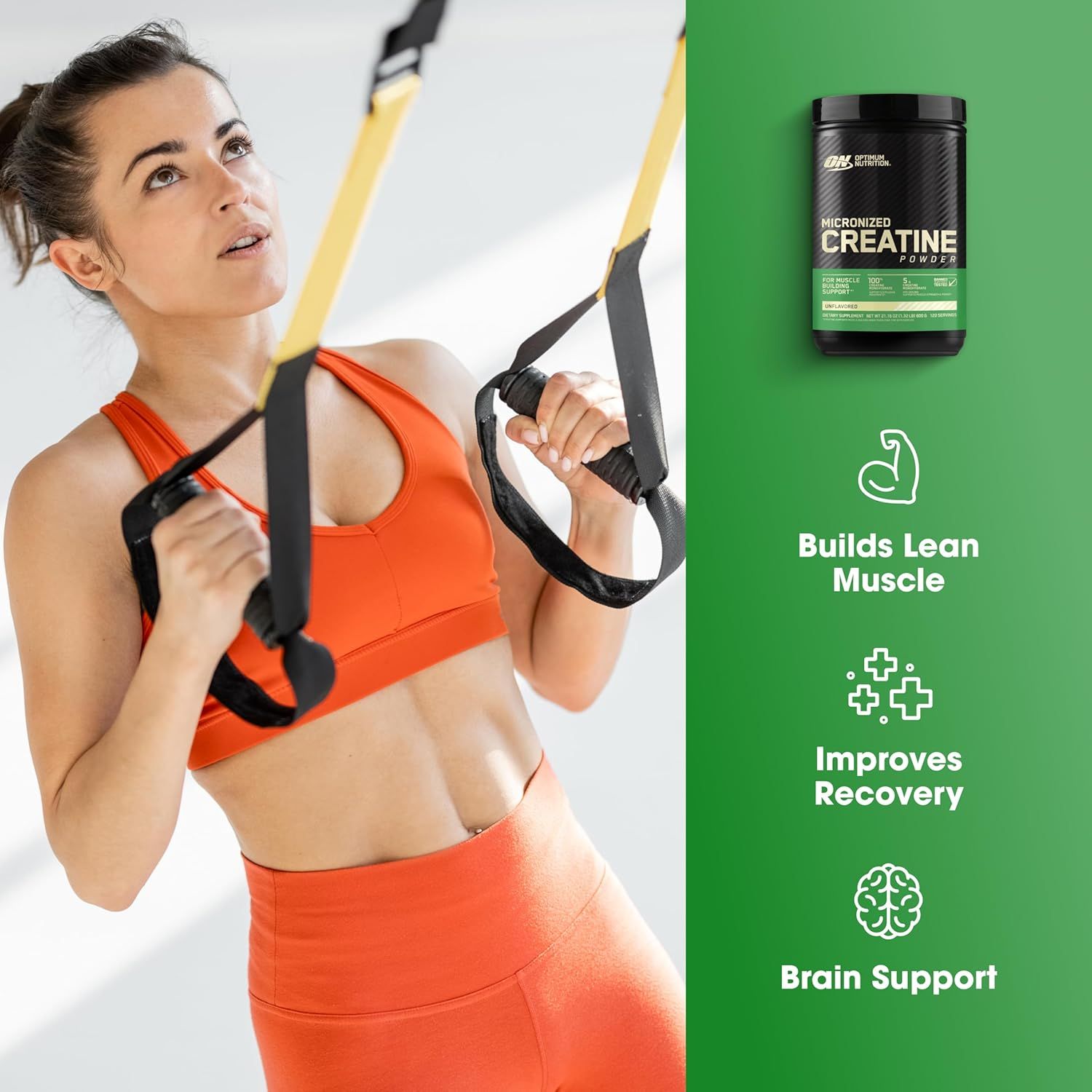 Communicates three distinct benefits of the creatine supplement in a visually segmented layout to show shoppers the multiple ways the product supports their fitness goals.