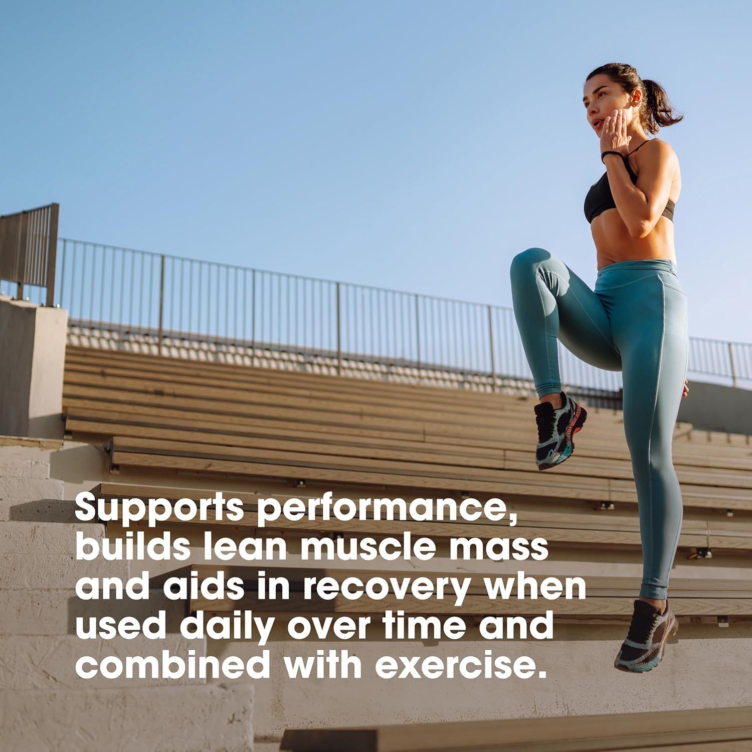 Communicates that the product supports athletic performance, builds lean muscle mass, and aids recovery when used consistently with exercise, appealing to fitness-focused shoppers.