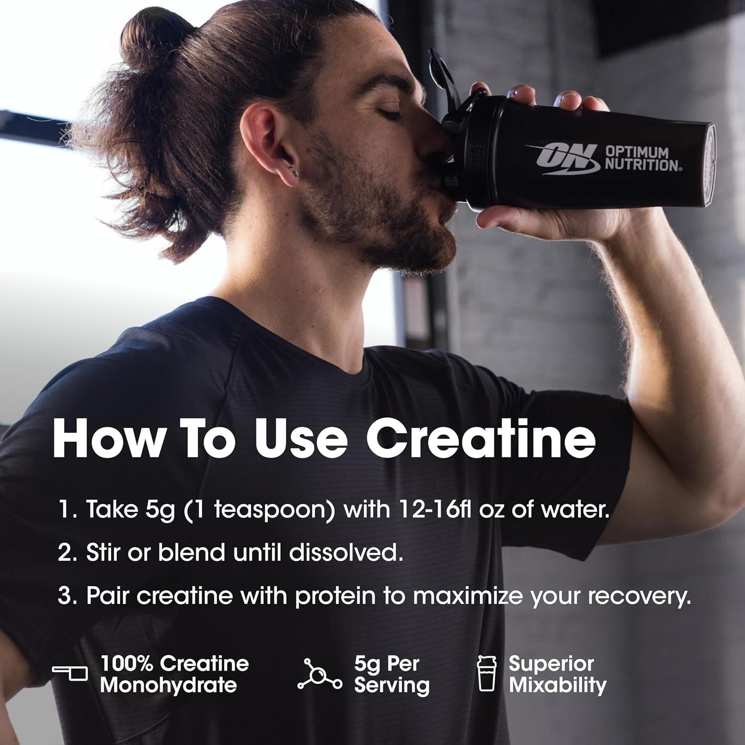 Provides step-by-step instructions on how to properly use creatine supplement, including dosage, mixing method, and pairing recommendations to help shoppers understand proper usage and maximize…