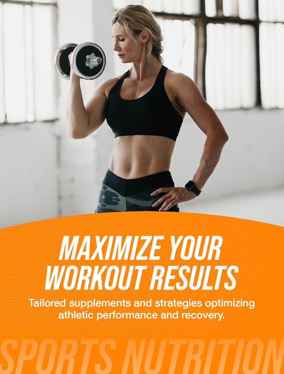 Communicates that the product (sports nutrition supplements) helps maximize workout results by optimizing athletic performance and recovery, appealing to fitness-focused shoppers.