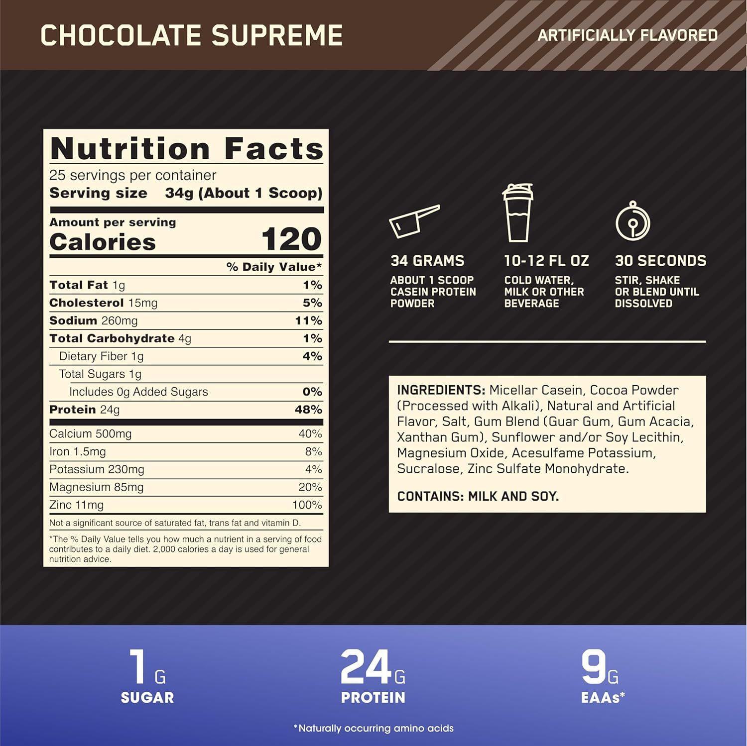 Communicates multiple nutritional benefits of the protein powder (low sugar, high protein, EAAs) to appeal to health-conscious shoppers looking for a clean, effective supplement.
