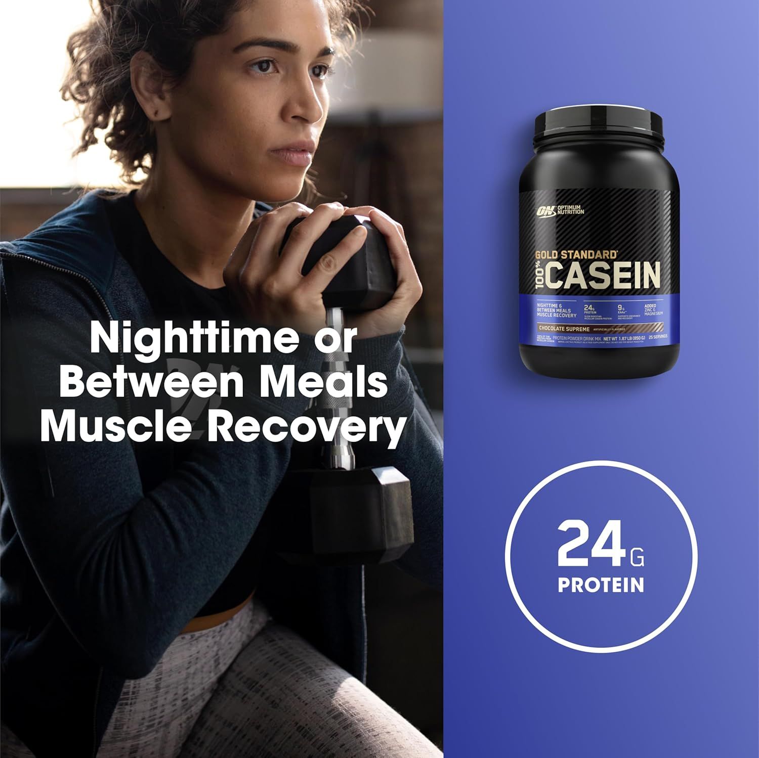 Highlights the high protein content (24g) to communicate the product's effectiveness for muscle recovery and appeal to fitness-focused shoppers. Communicates the specific use case and benefit of the…