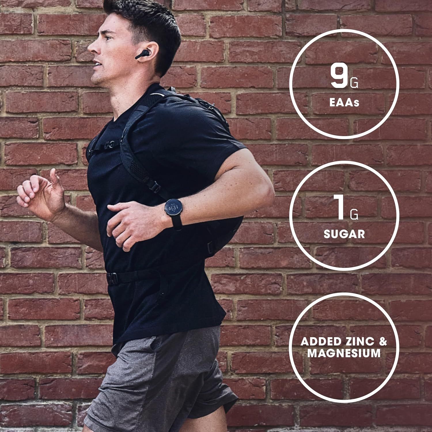 Highlights multiple nutritional benefits of the product in a visually segmented layout to communicate its health and performance value to fitness-focused shoppers.