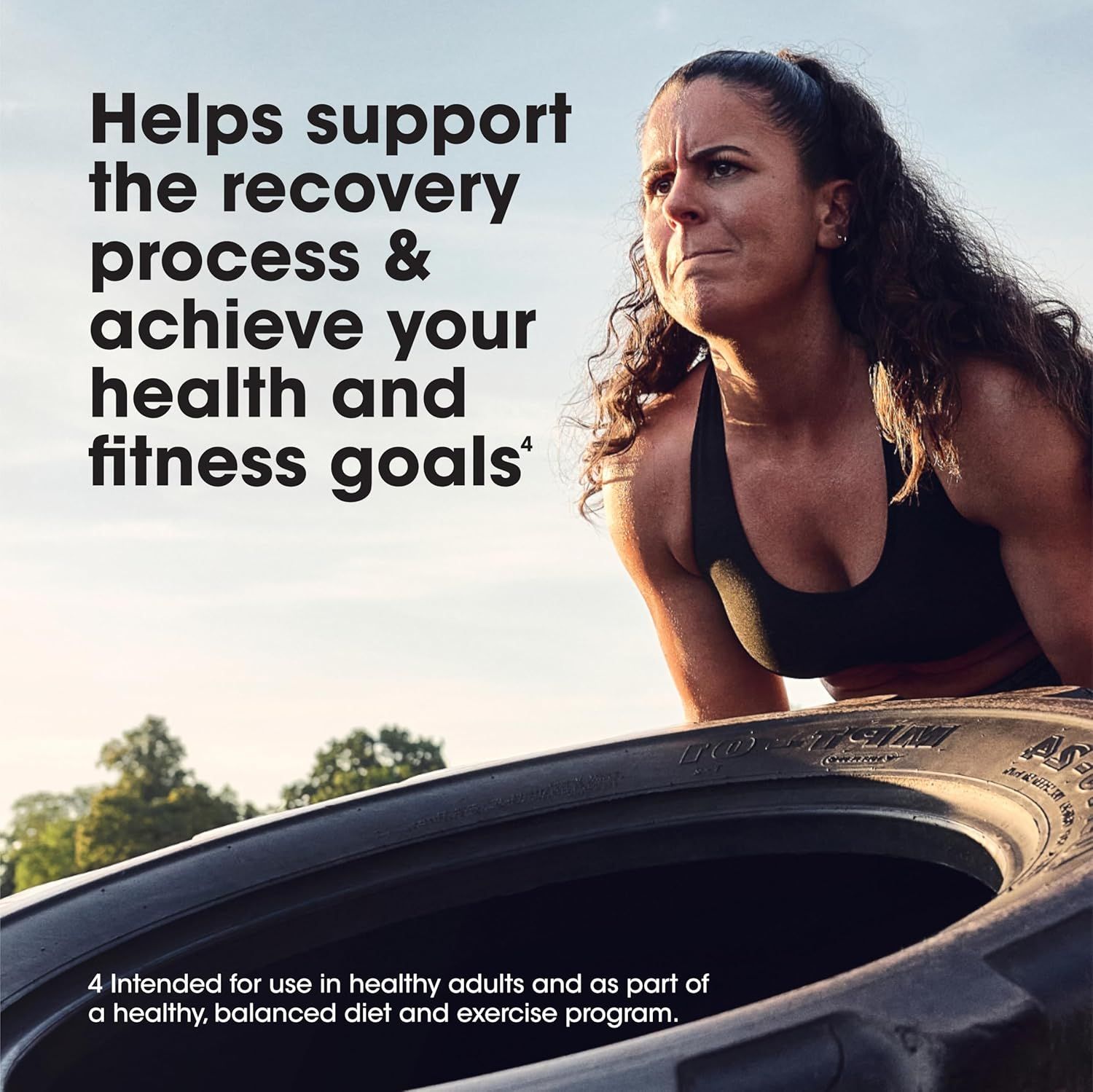 Communicates that the product helps support recovery and achieve health and fitness goals, positioning it as a fitness and wellness aid.